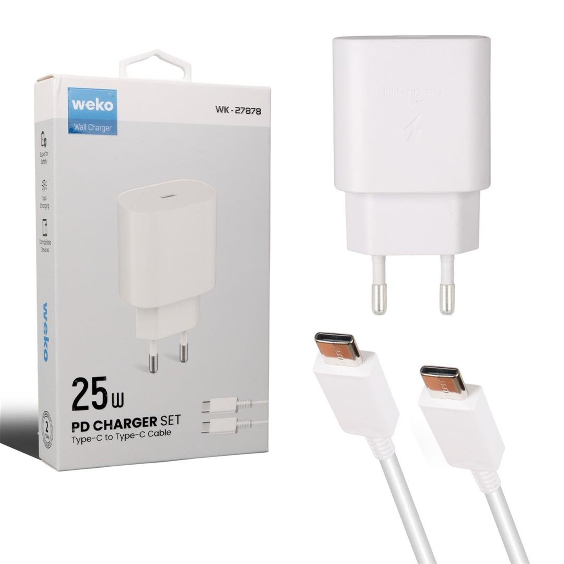 Weko Weko WK-27878 Note10 Beyaz 25 Watt Şarj Başlık Adaptörü + Type-C To Type-C Kablo - Şarj Cihazları