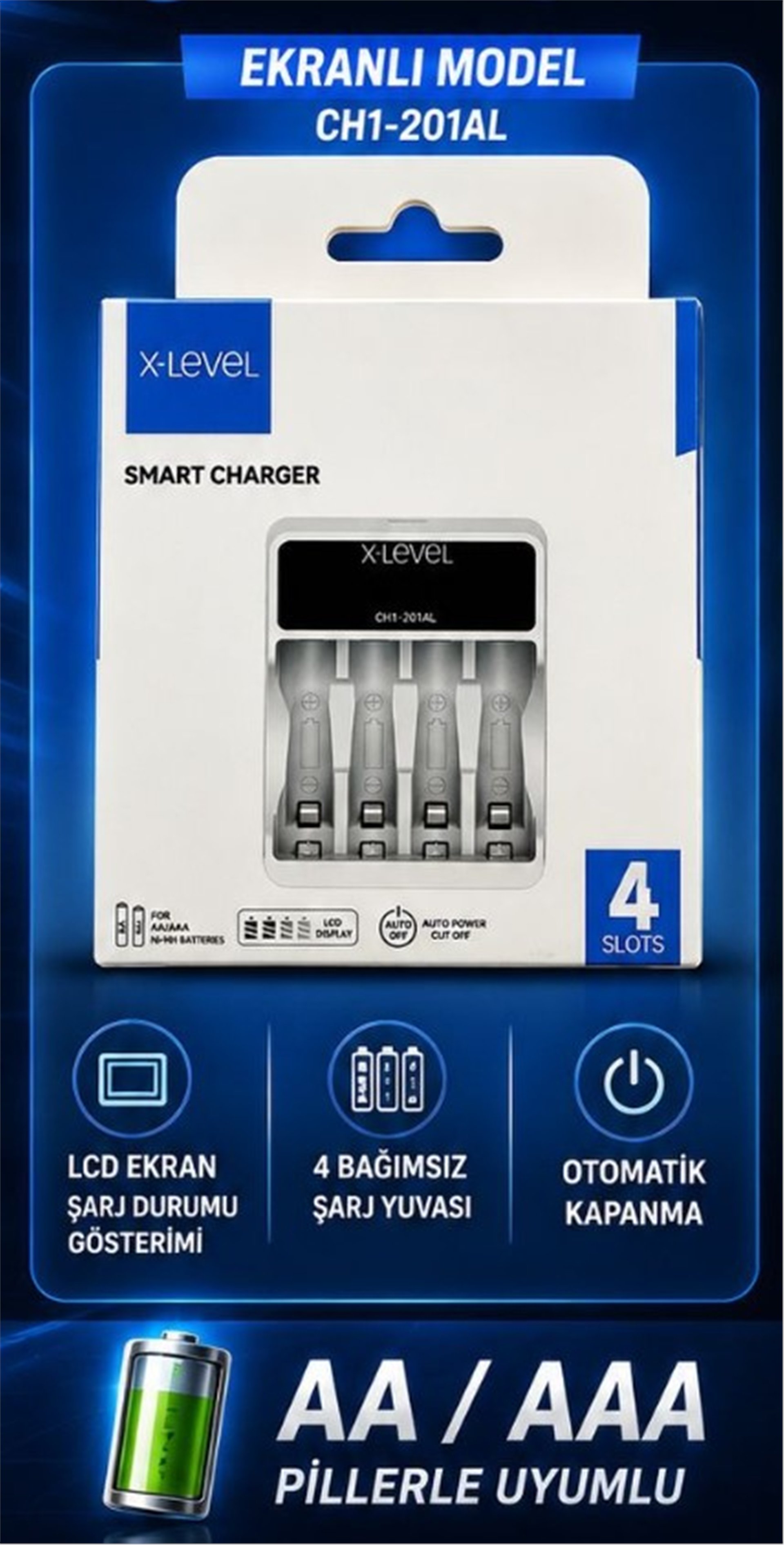 Mert-er Elektronik X-LEVEL CH1-201AL 4'LÜ AA/AAA EKRANLI PİL ŞARJ CİHAZI - Kategorisiz