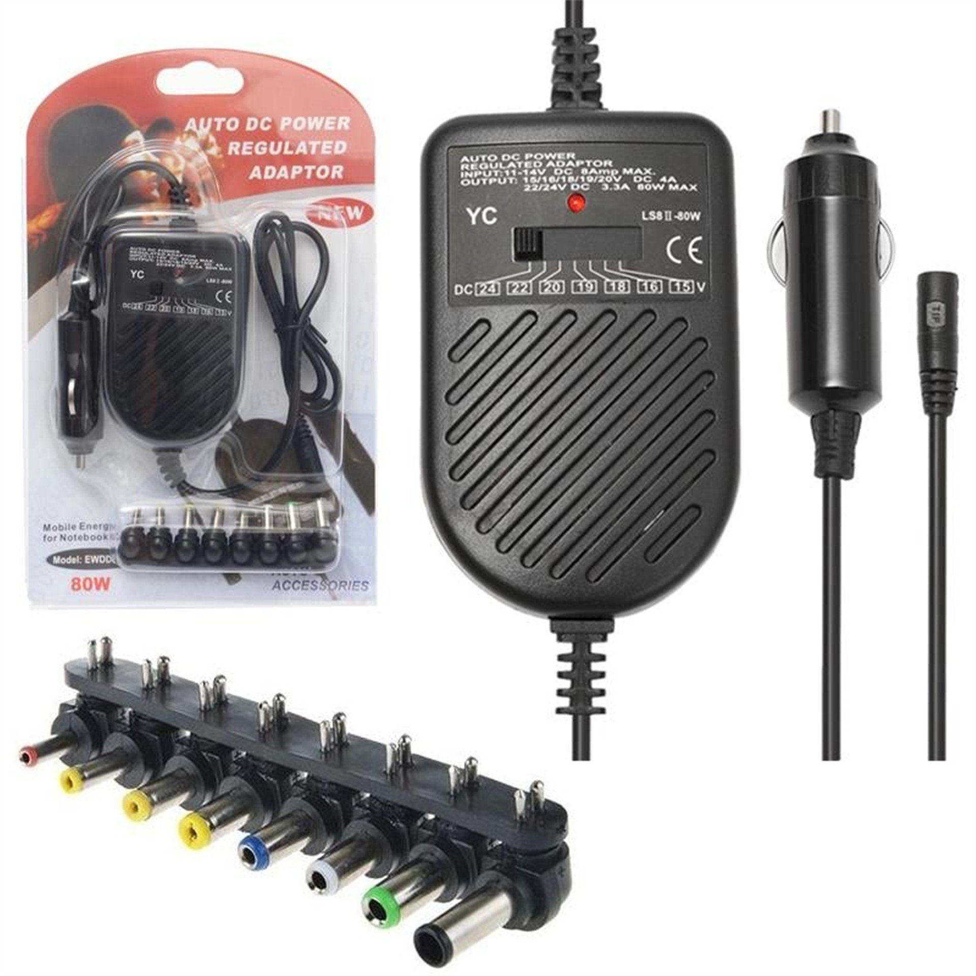 Original Yc Universal 80W-3.33A Ayarlanabilir 15-16-18-19-20-22-24 Çıkış Voltajı / 8 Uçlu Araç Notebook Adaptör - Adaptörler