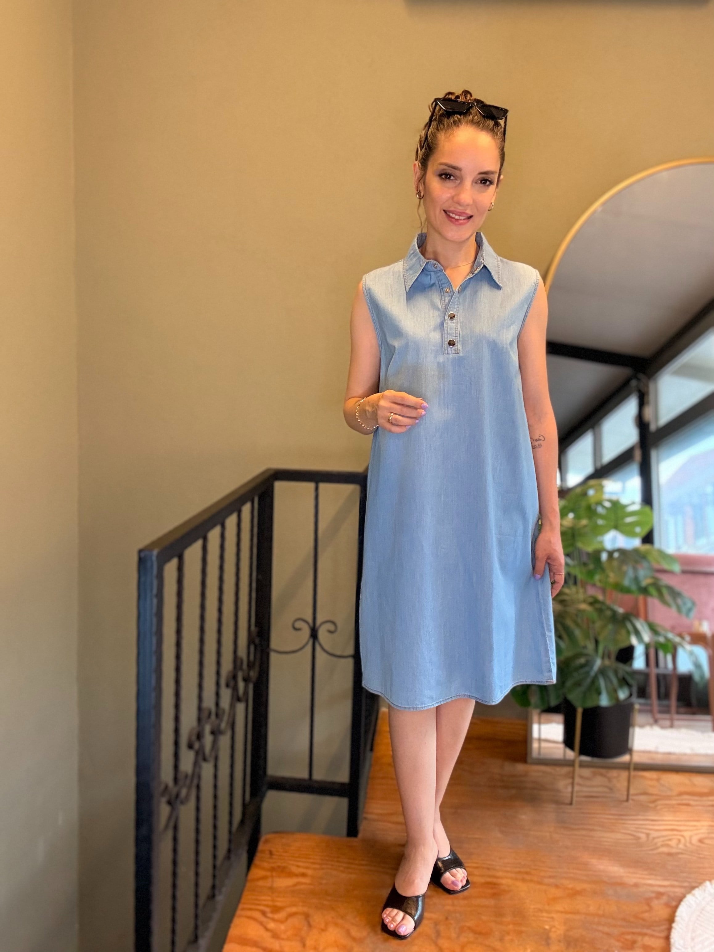 Açık Mavi Çıtçıtlı Tensel Midi Elbise