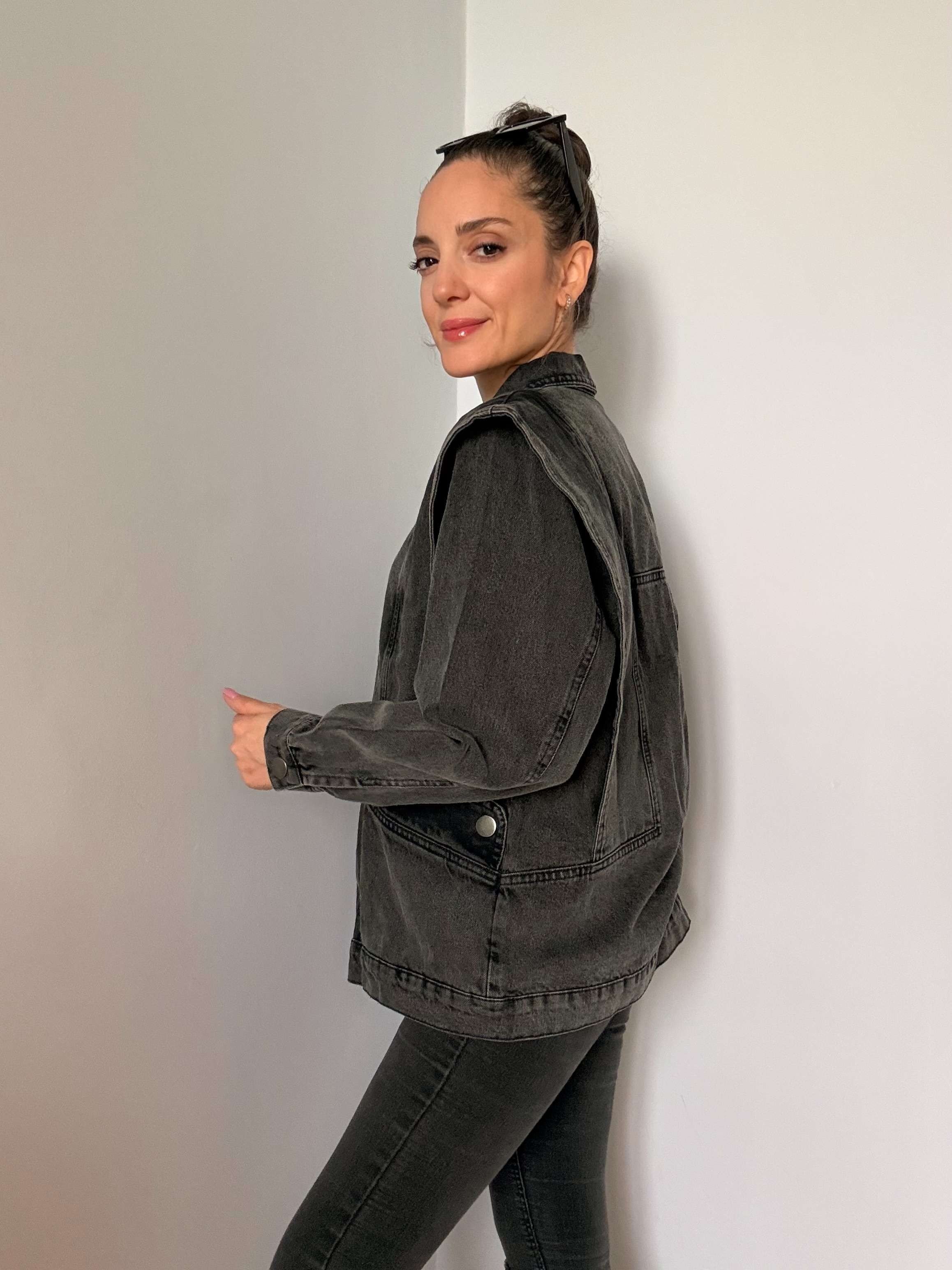 Antrasit Omuz Detaylı Tasarım Denim Ceket