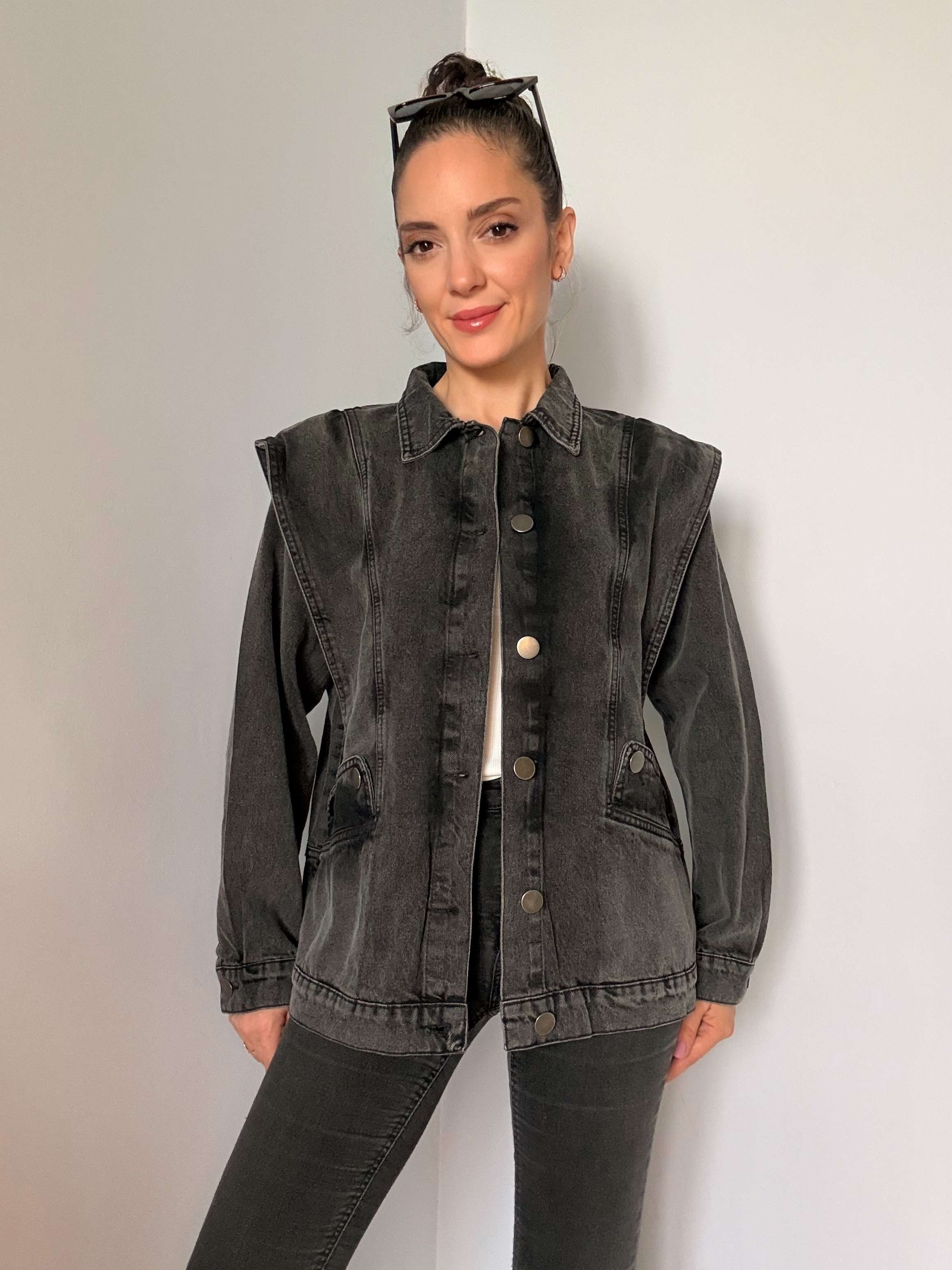 Antrasit Omuz Detaylı Tasarım Denim Ceket