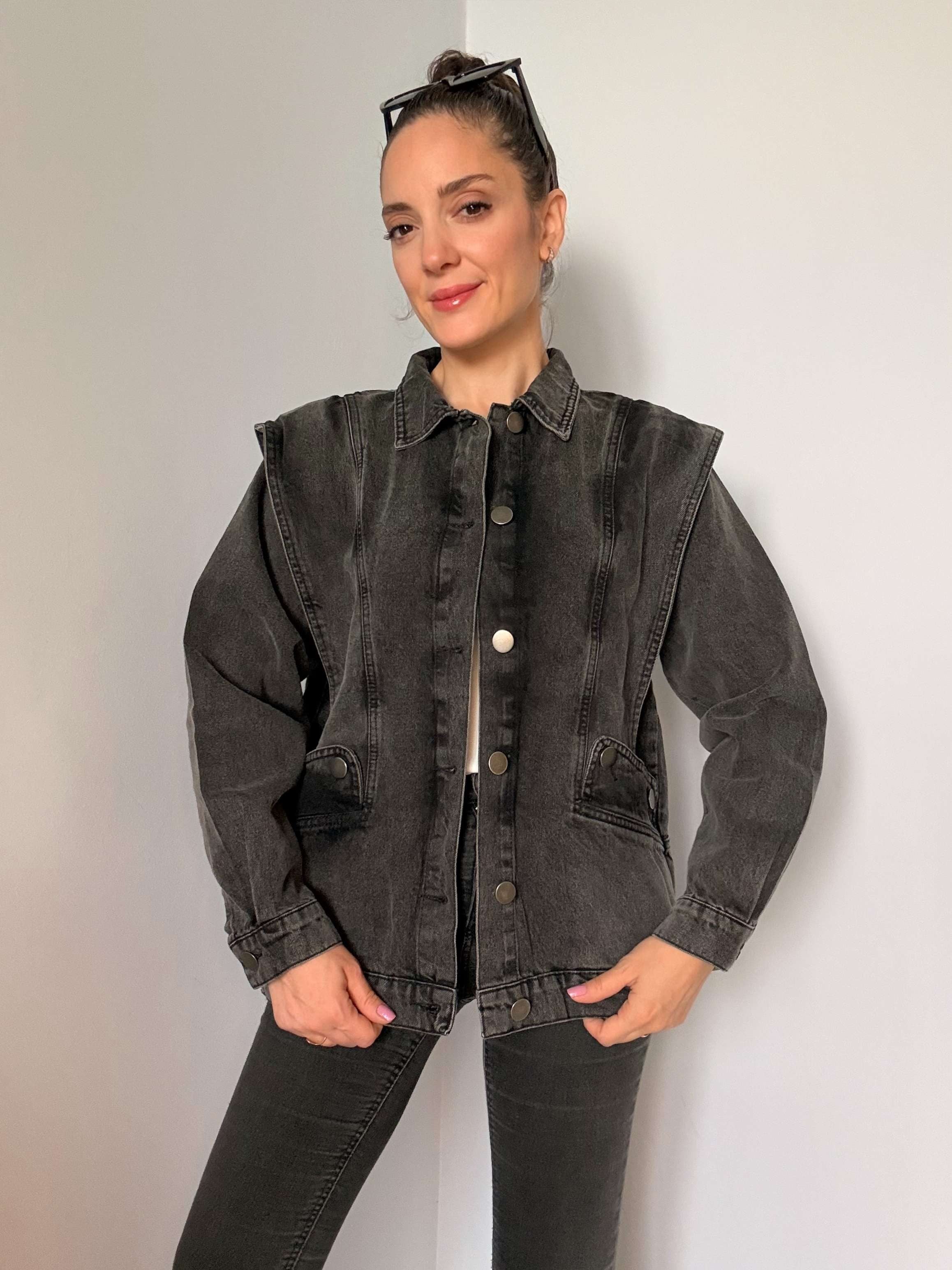 Antrasit Omuz Detaylı Tasarım Denim Ceket