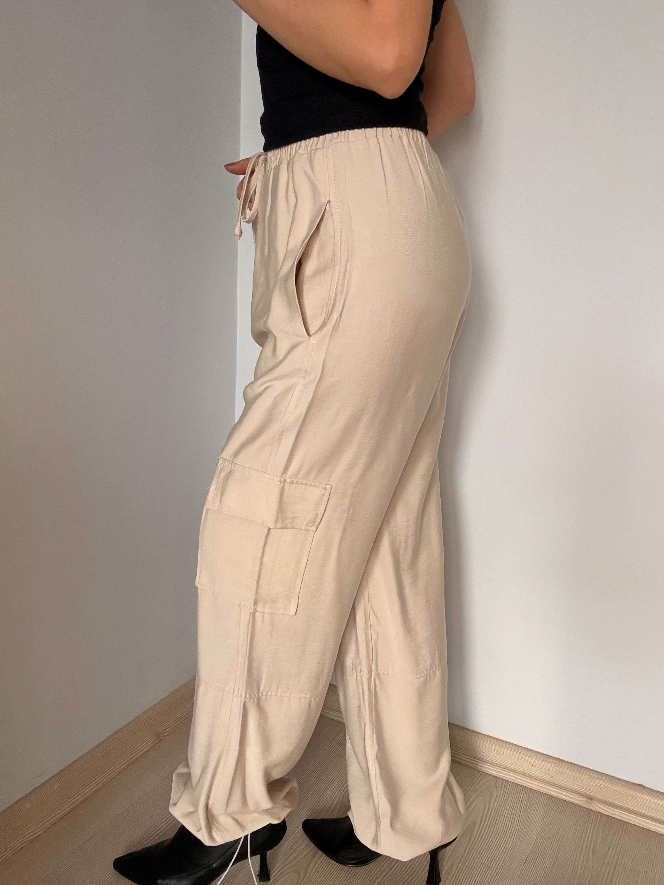 Bej Keten Kargo Pantolon