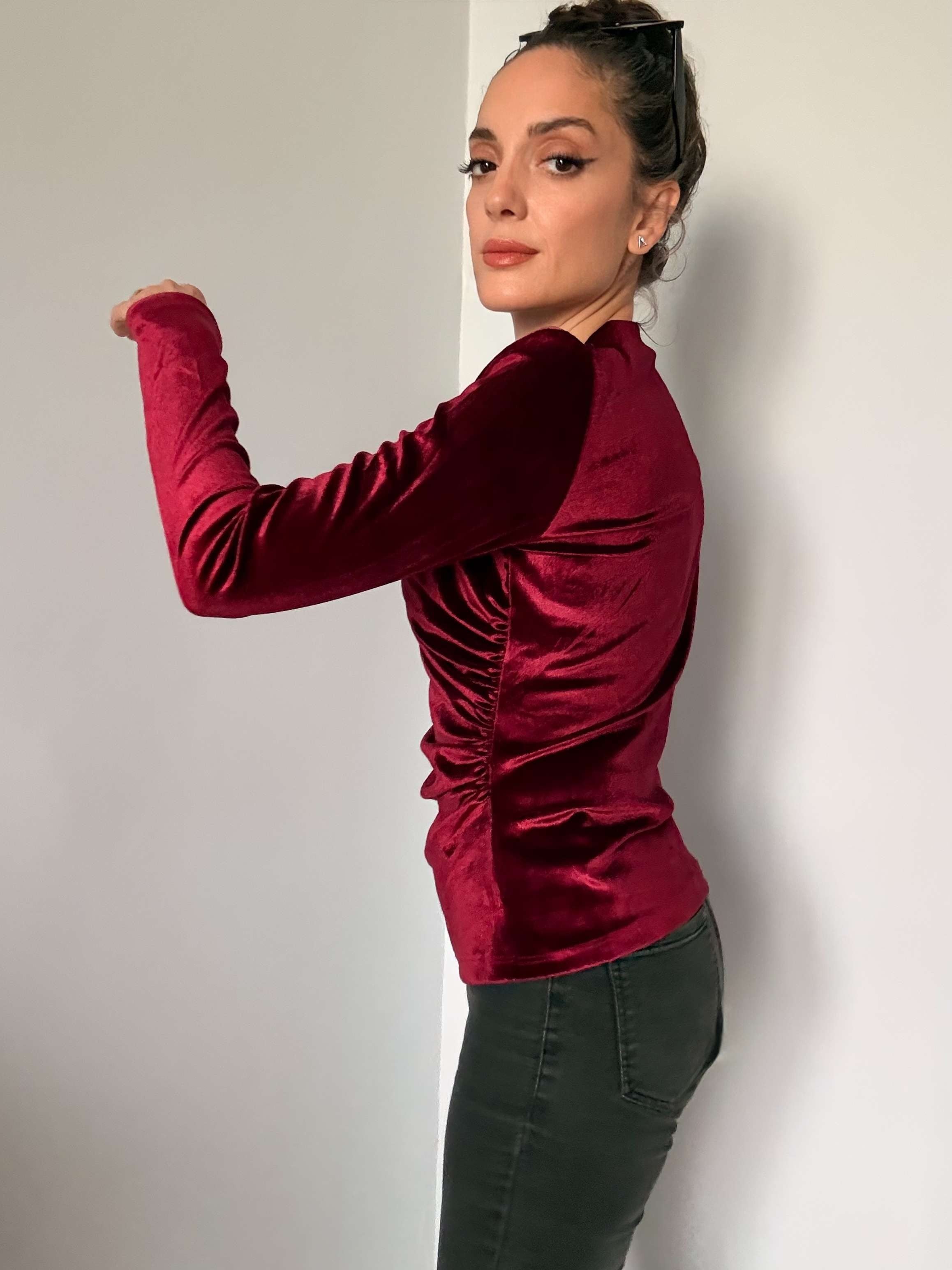 Bordo Balıkçı Yaka Kadife Bluz