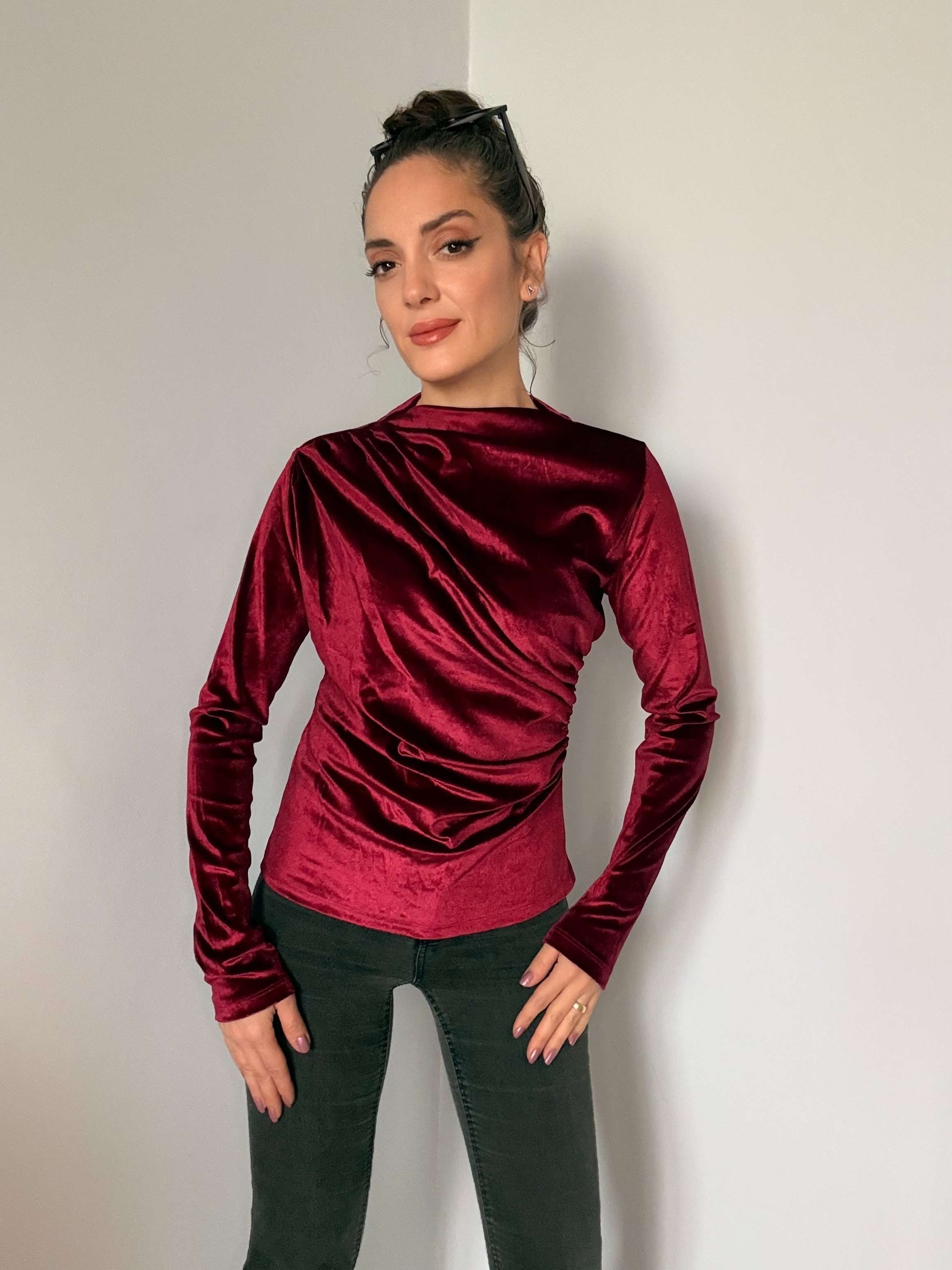 Bordo Balıkçı Yaka Kadife Bluz