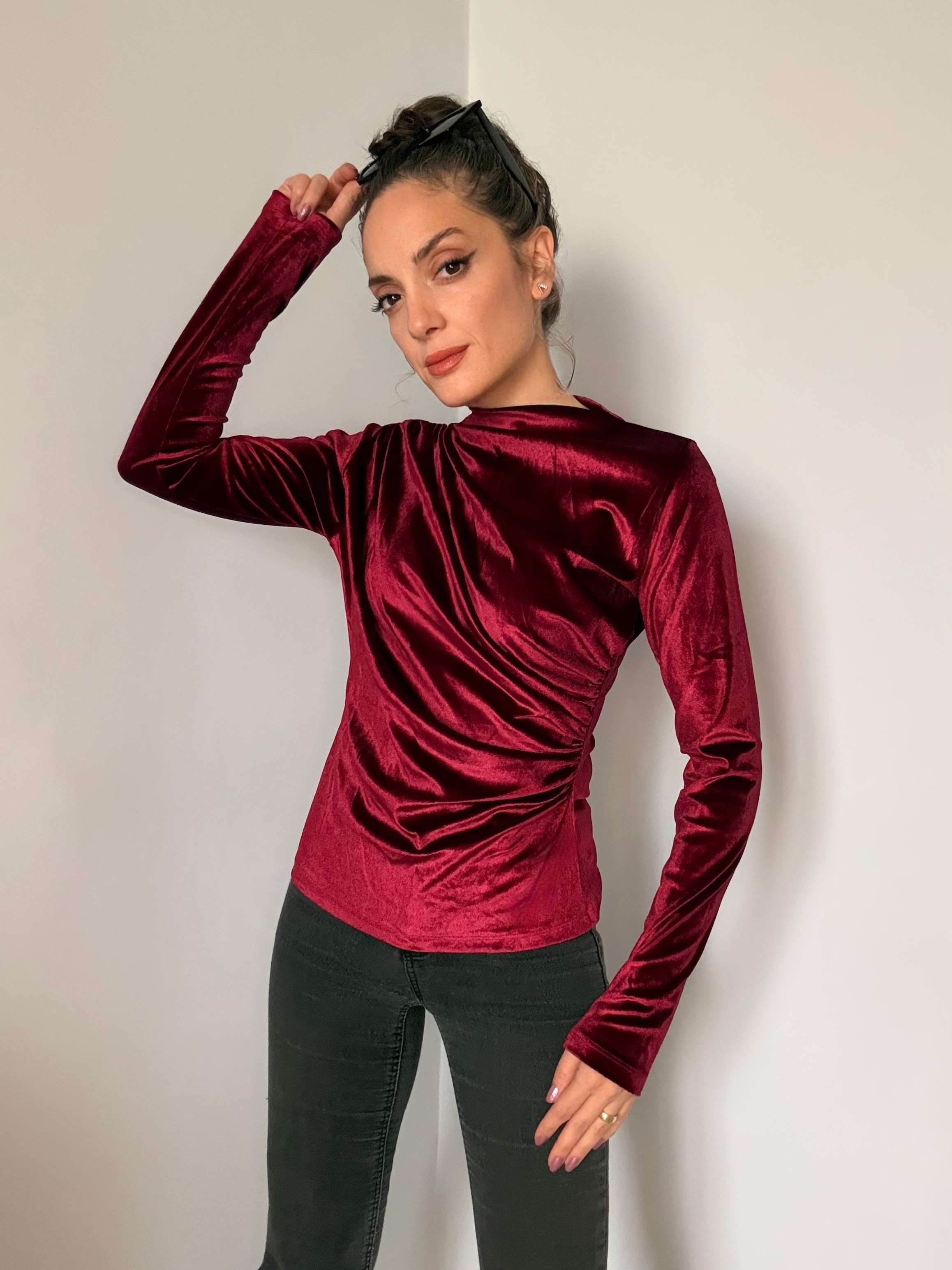 Bordo Balıkçı Yaka Kadife Bluz