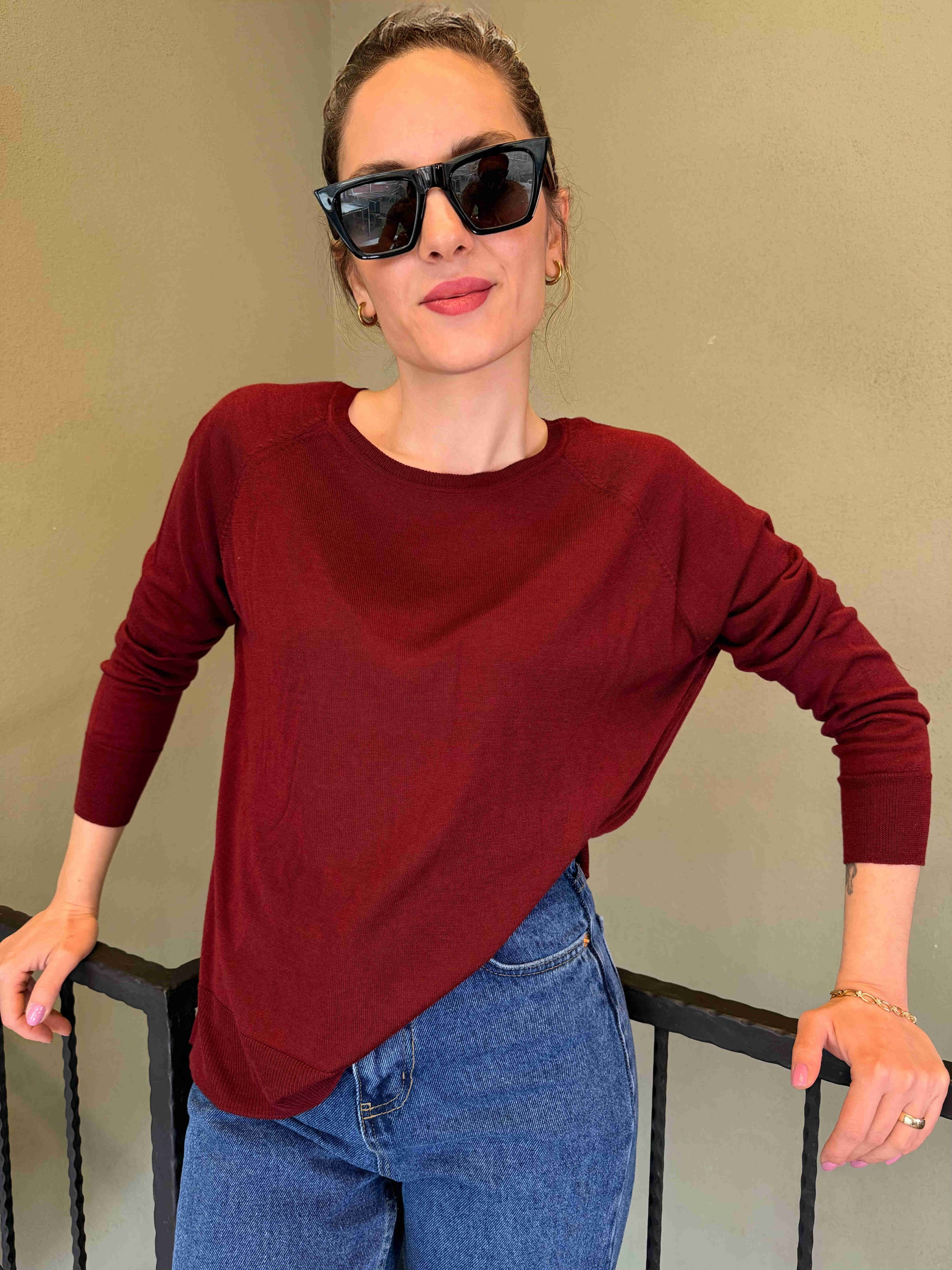 Bordo Bisiklet Yaka Basic İnce Triko