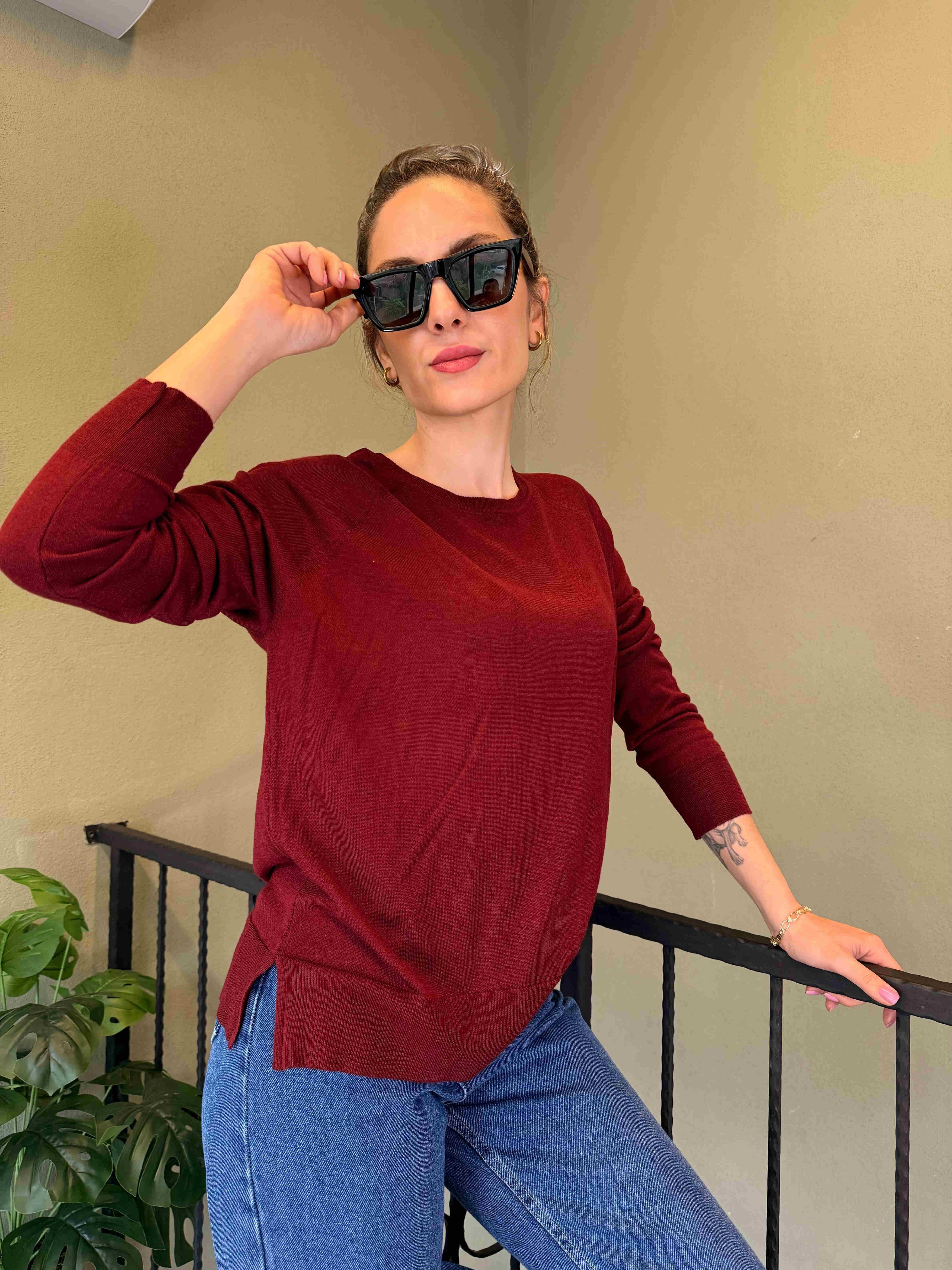 Bordo Bisiklet Yaka Basic İnce Triko