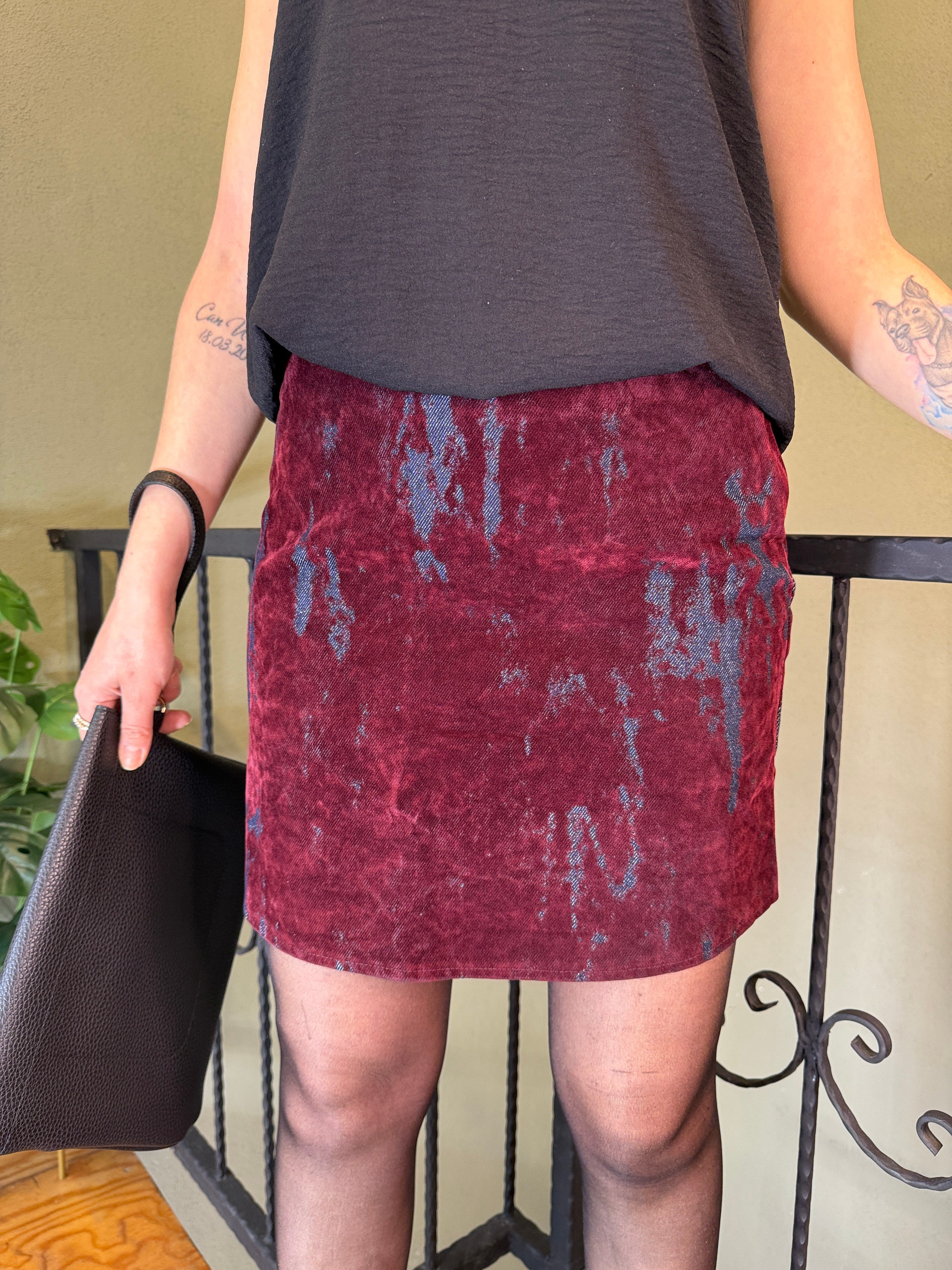 Bordo Flok Baskılı Mini Etek