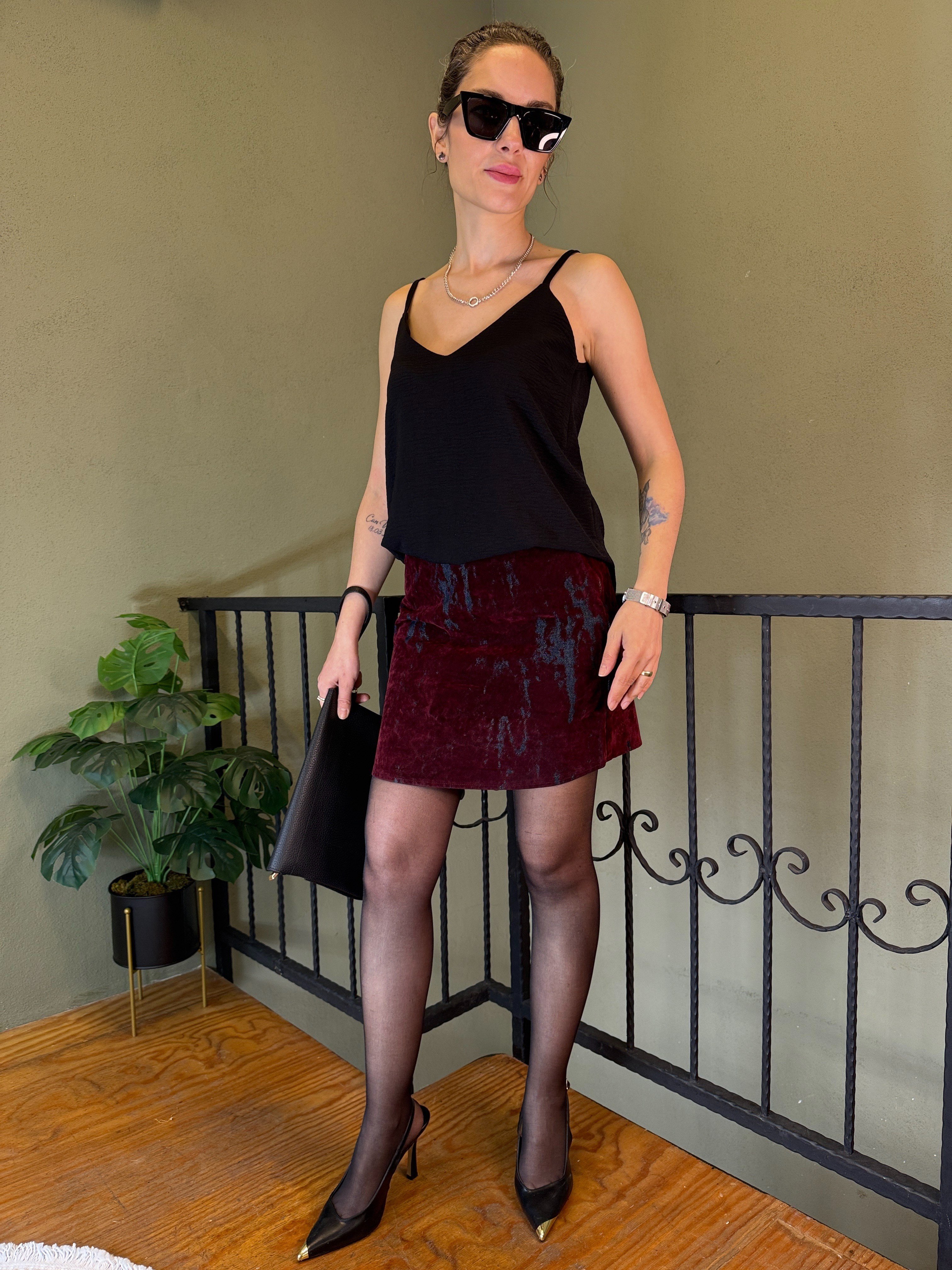Bordo Flok Baskılı Mini Etek