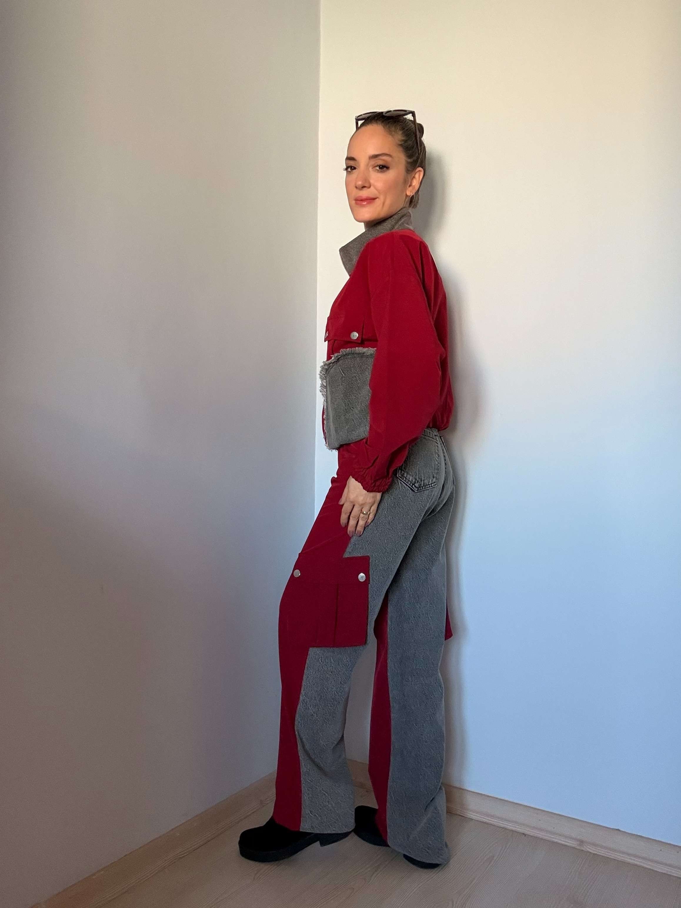 Bordo Paraşüt Kumaş Denim Detaylı Takım