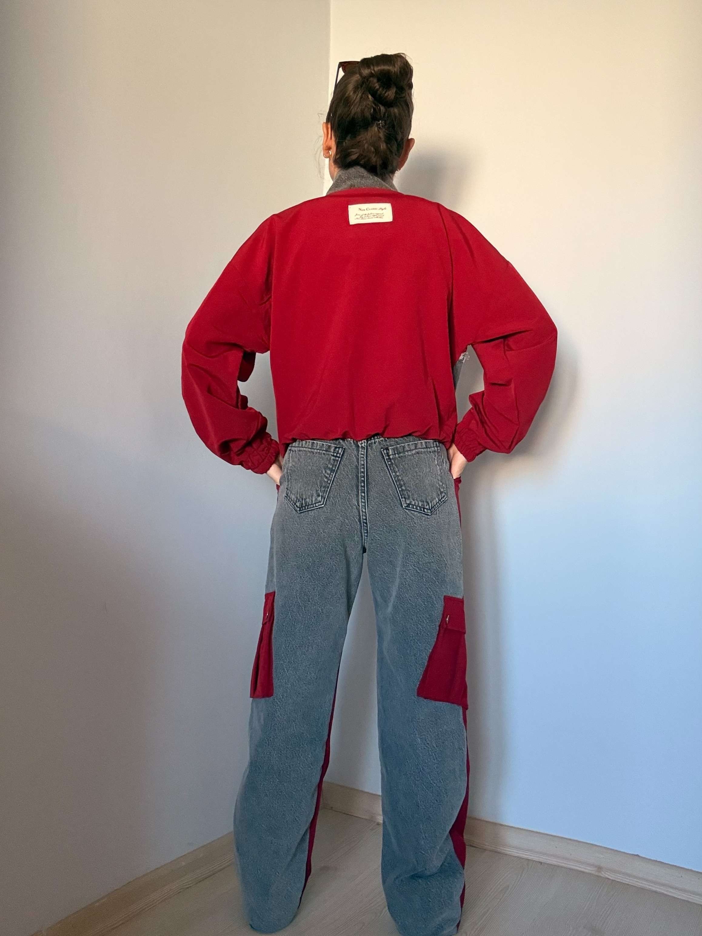 Bordo Paraşüt Kumaş Denim Detaylı Takım
