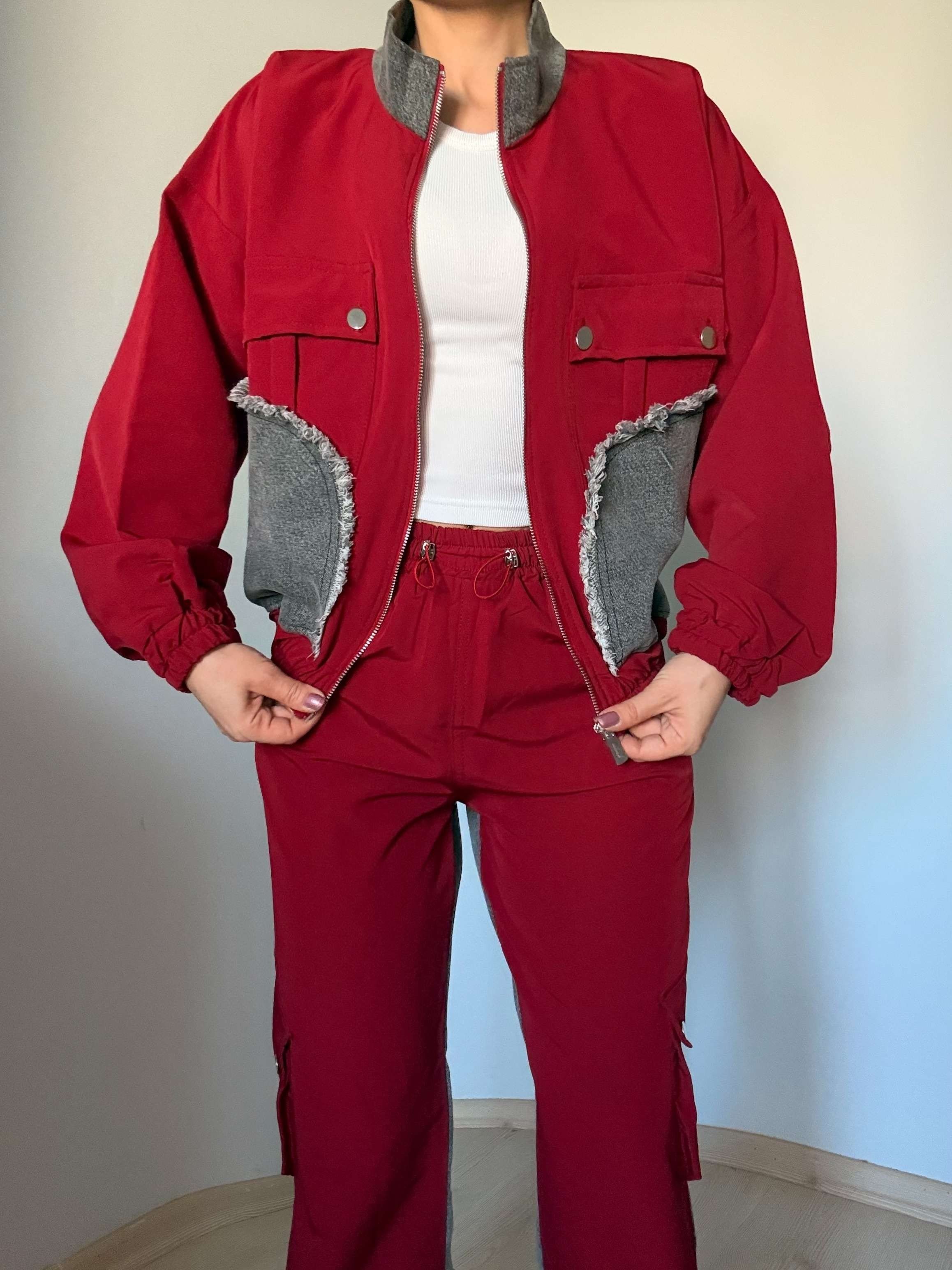 Bordo Paraşüt Kumaş Denim Detaylı Takım