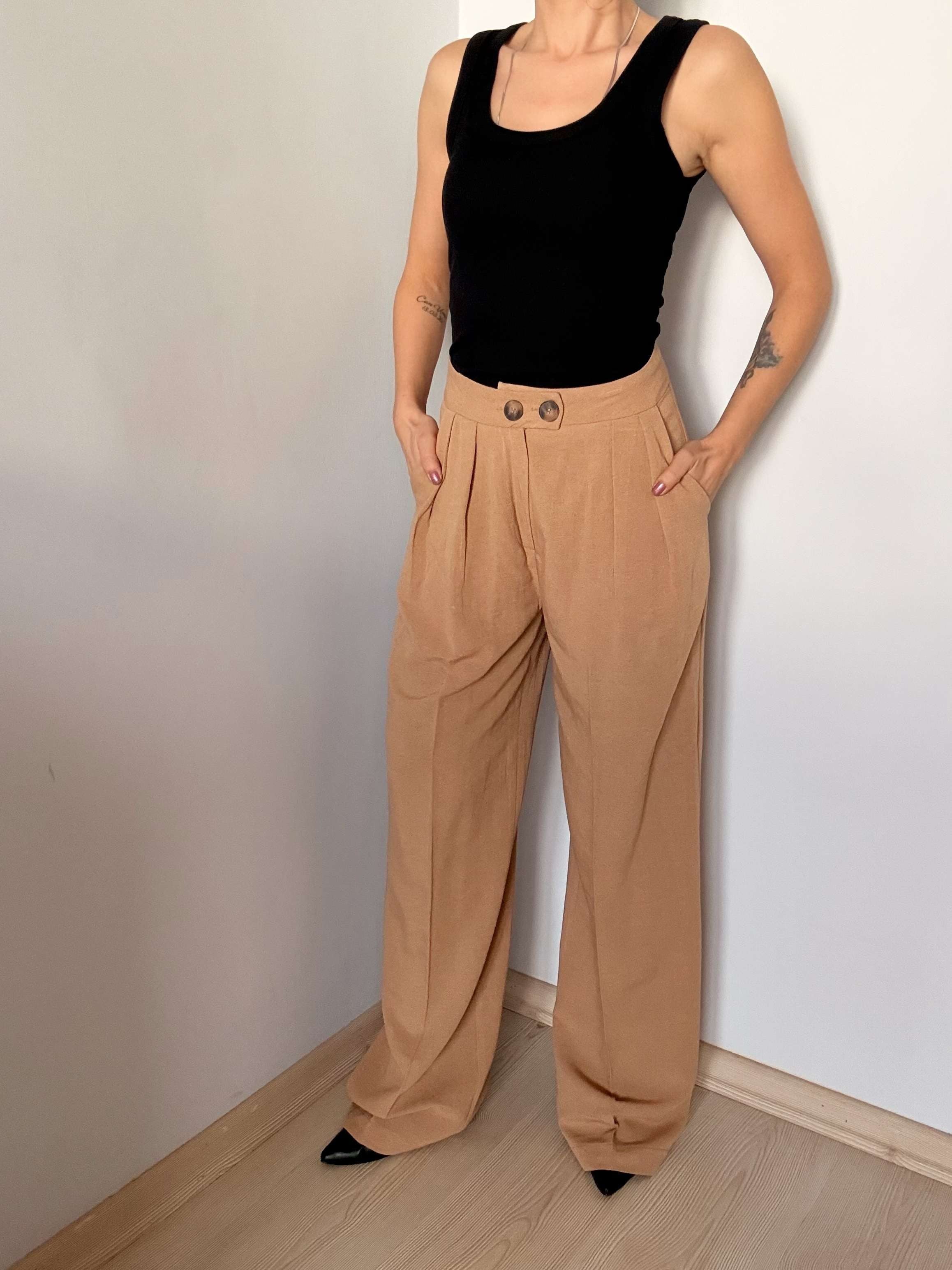 Camel Çift Pileli Keten Pantolon