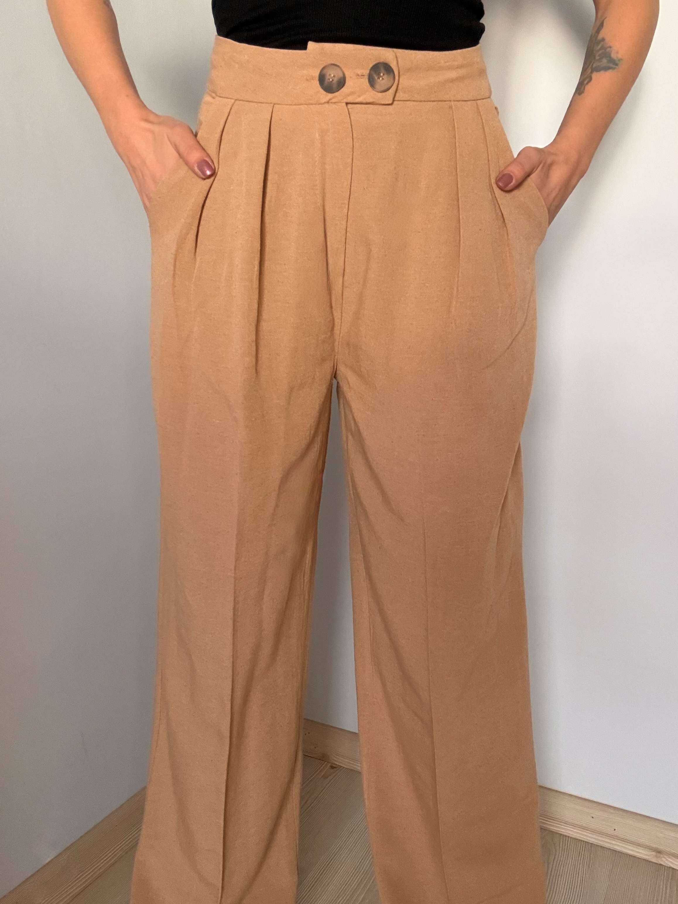 Camel Çift Pileli Keten Pantolon