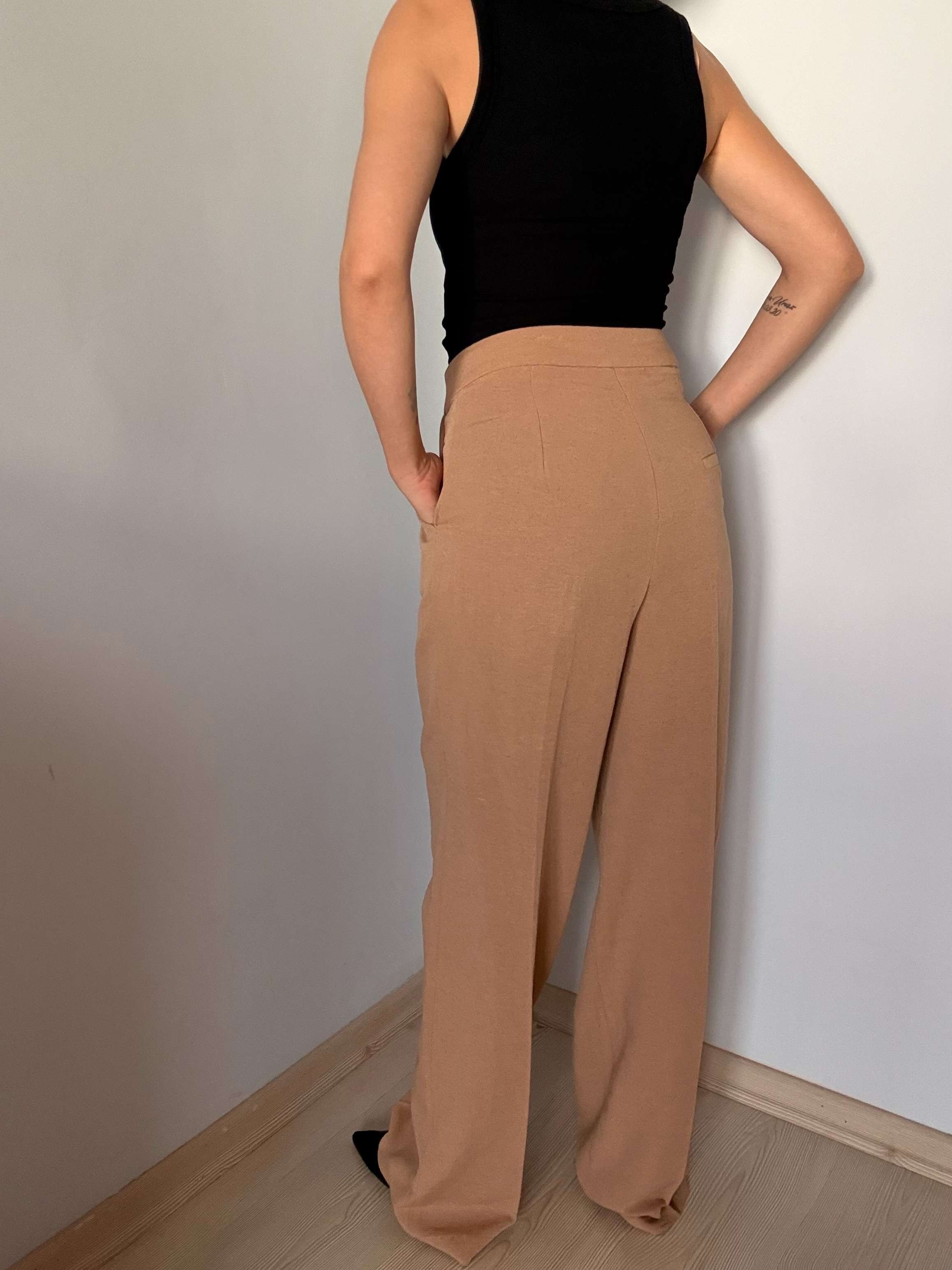 Camel Çift Pileli Keten Pantolon