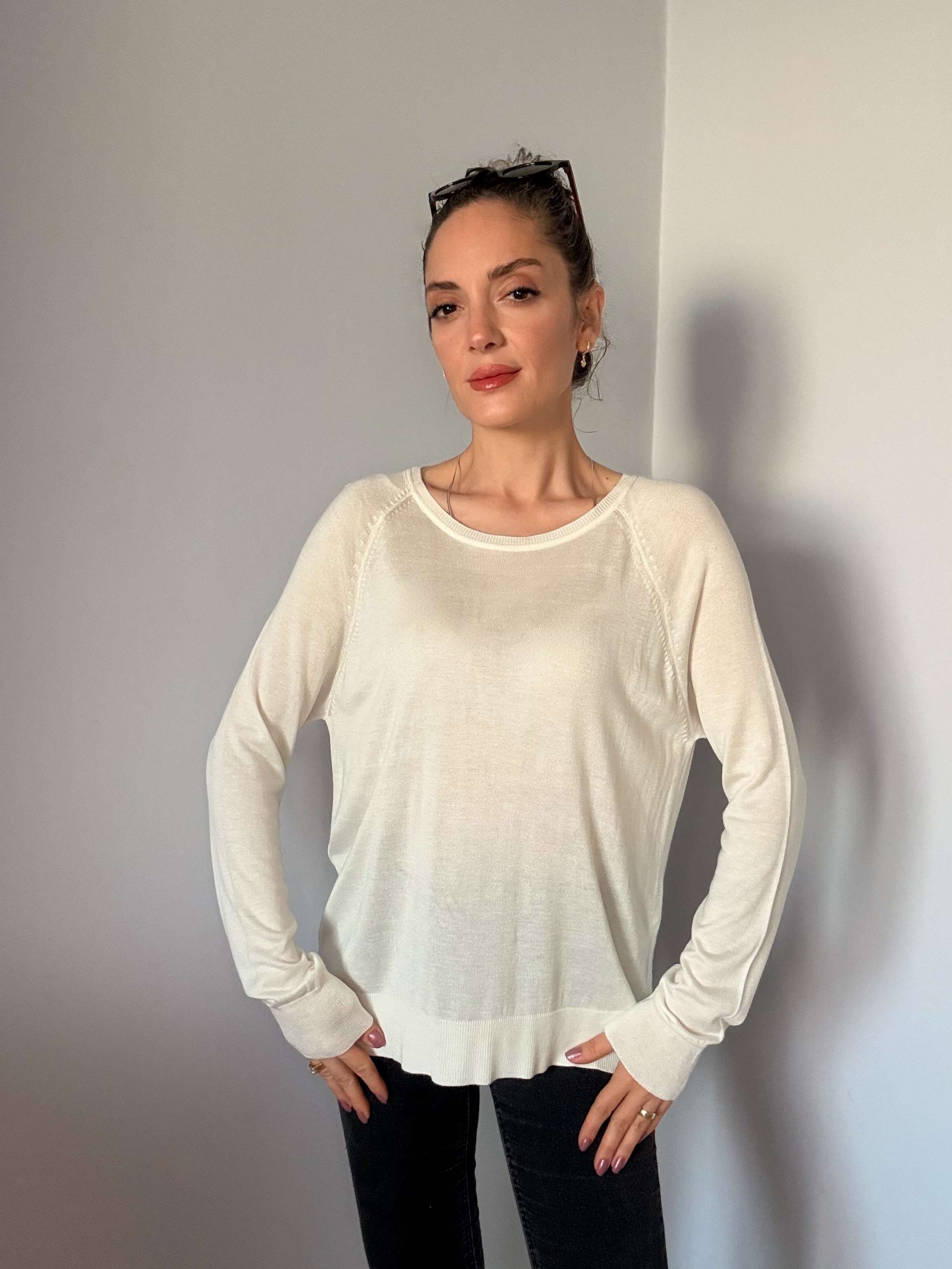 Ekru Bisiklet Yaka Basic İnce Triko