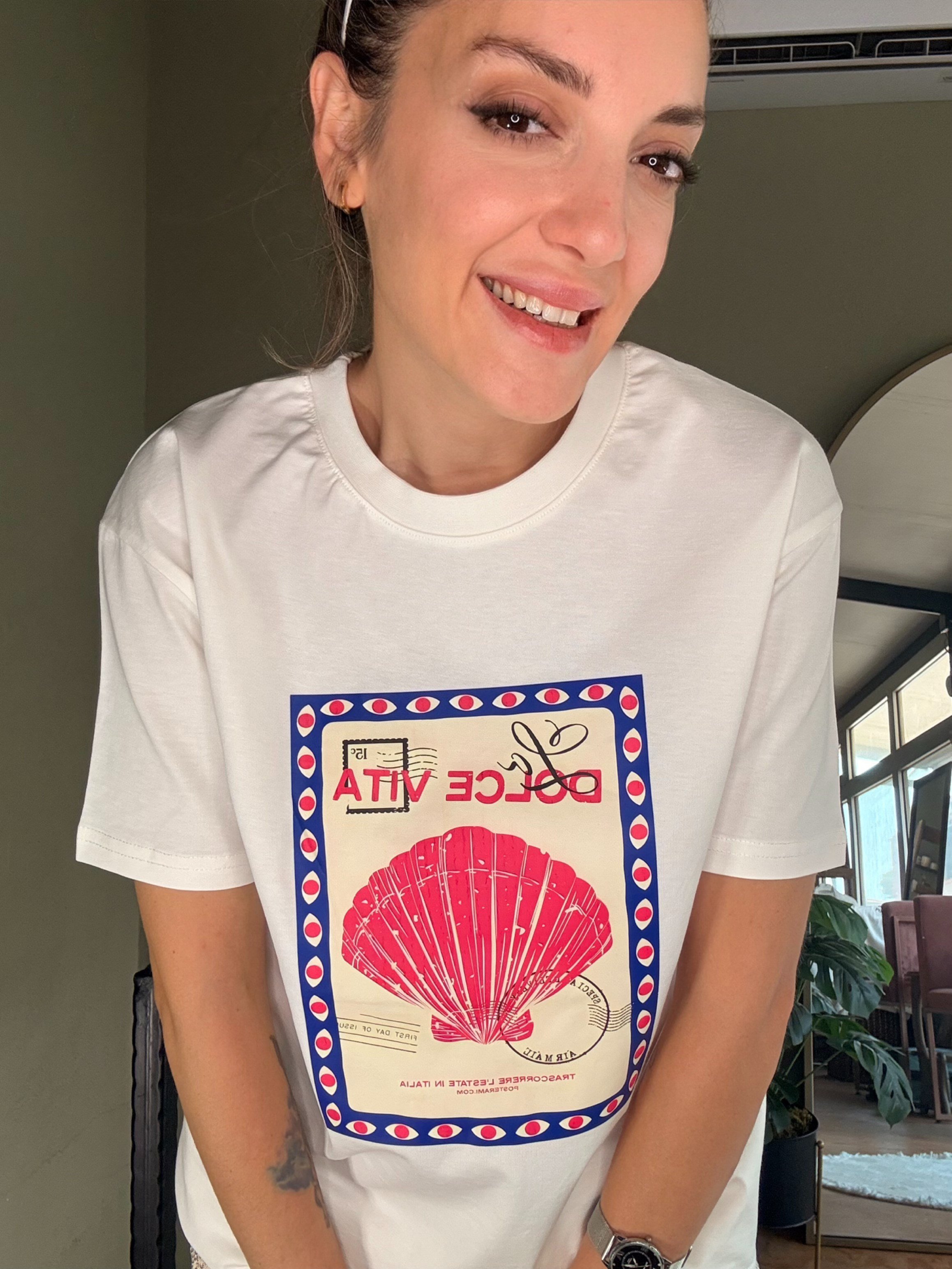 Ekru Dolce Vita Baskılı Tişört