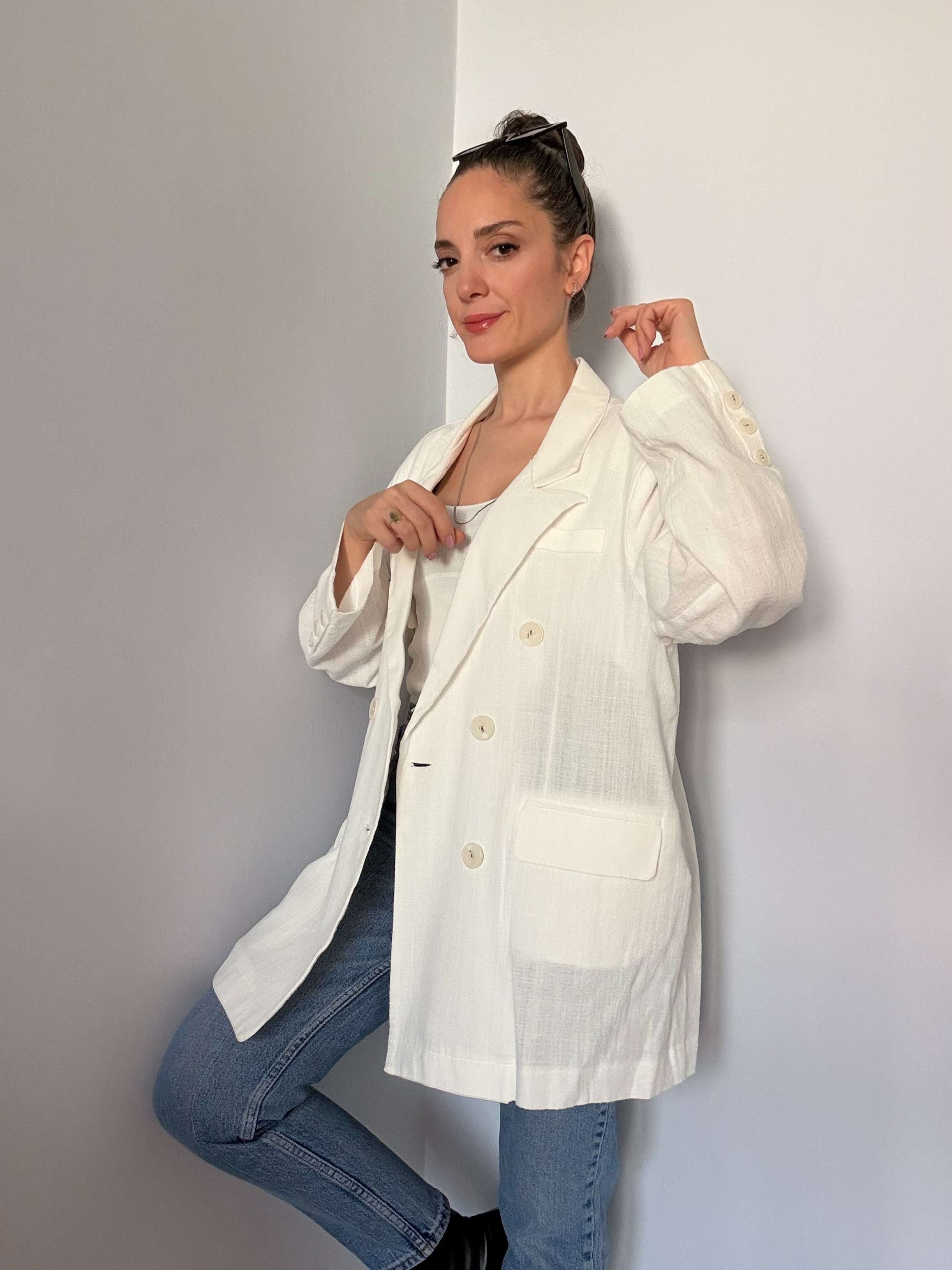 Ekru Oversize Keten Ceket