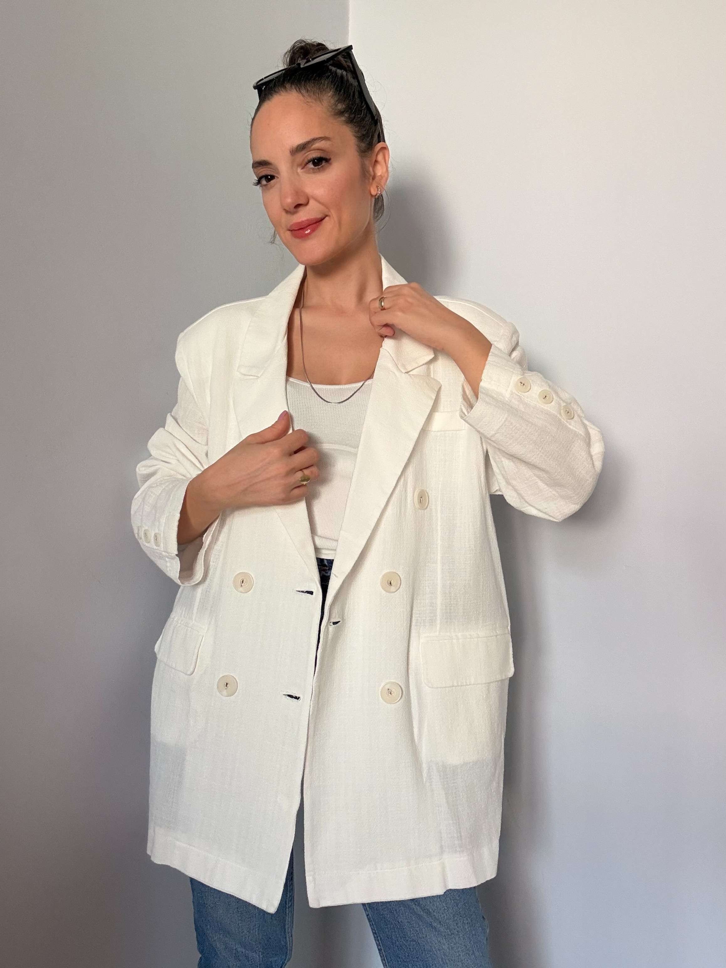 Ekru Oversize Keten Ceket