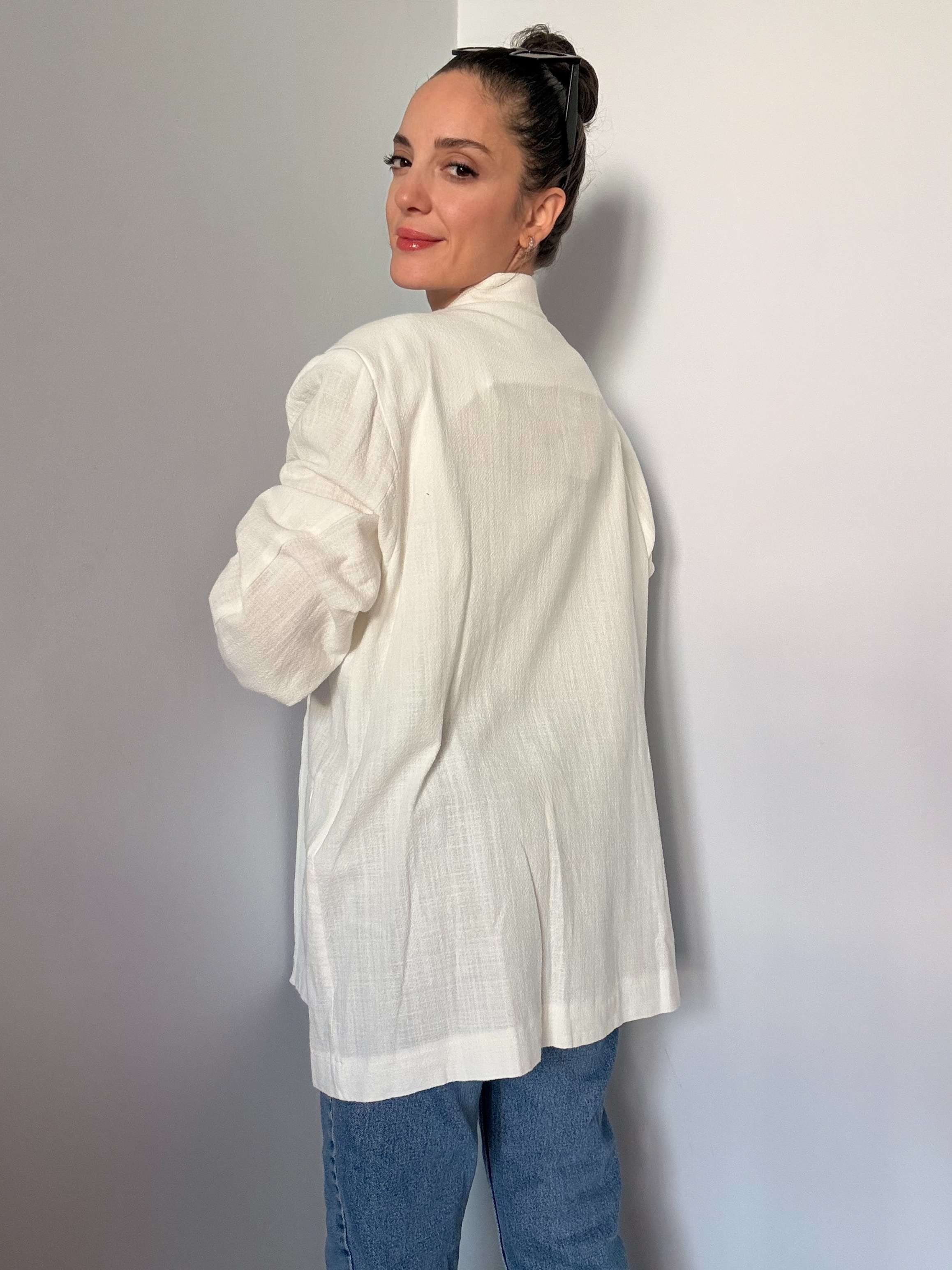 Ekru Oversize Keten Ceket