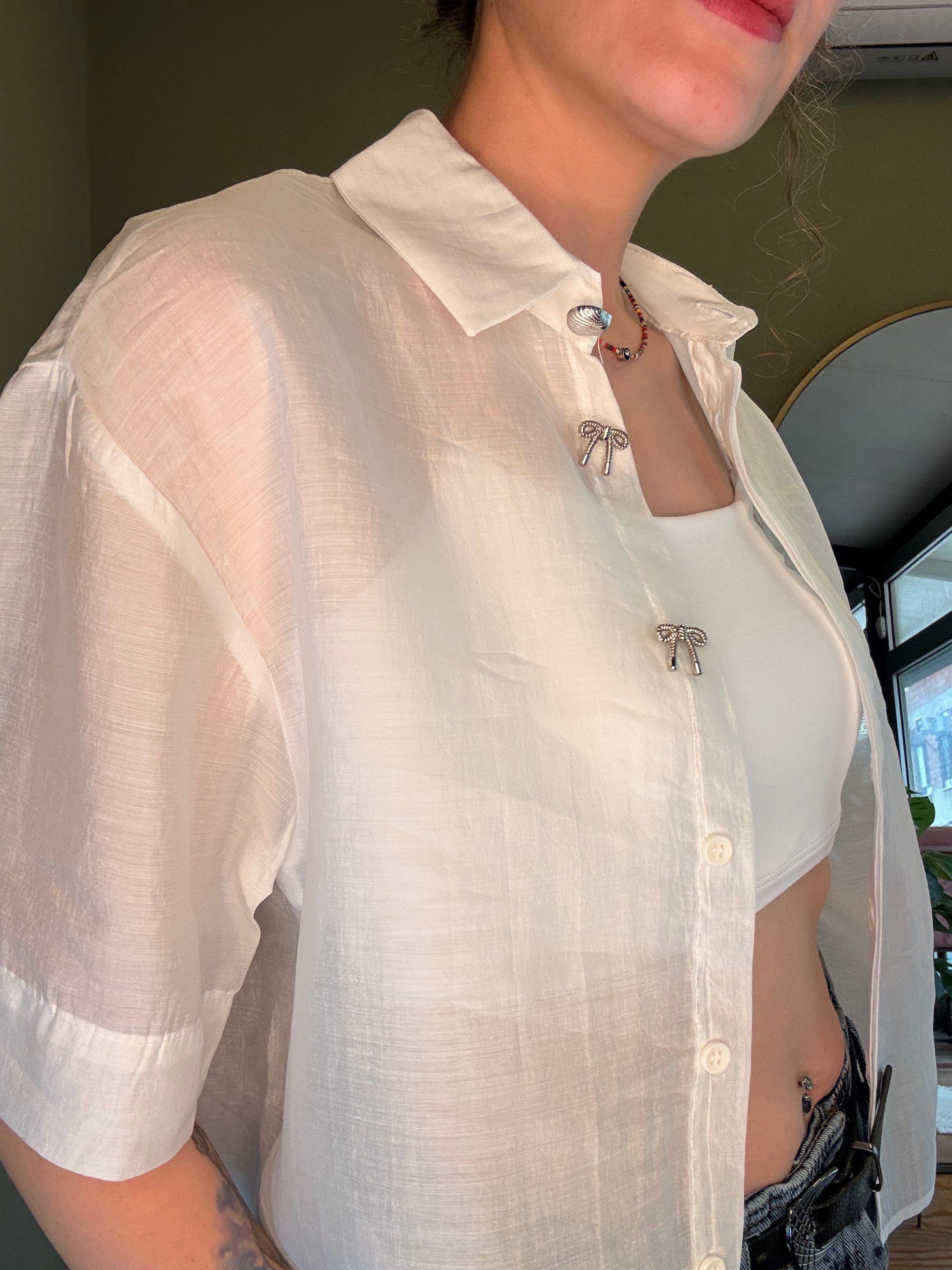 Ekru Şifon Crop Gömlek