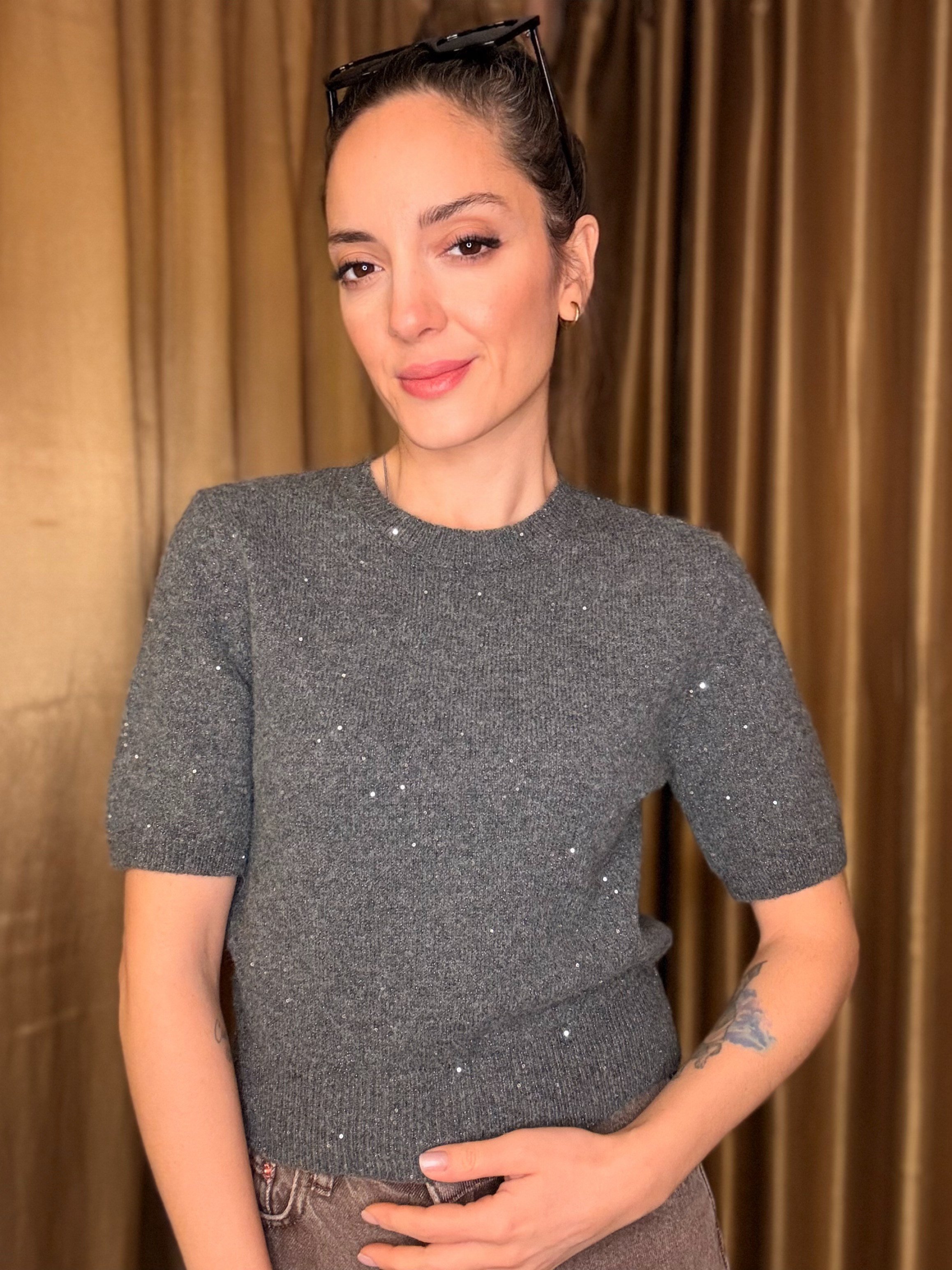 Füme Pullu Simli Kısa Kol Triko