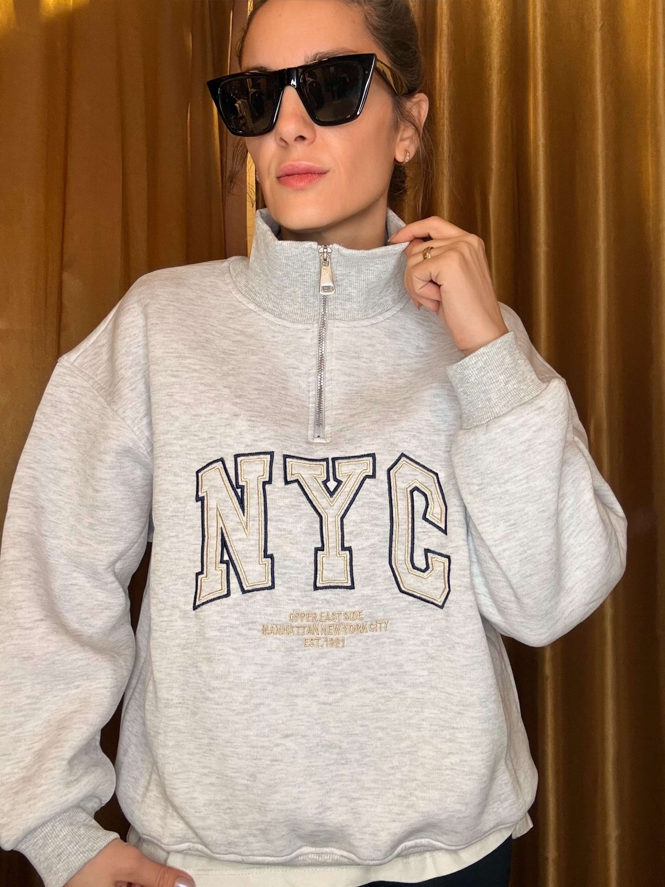 Gri NYC Nakışlı Şardonlu Sweatshirt