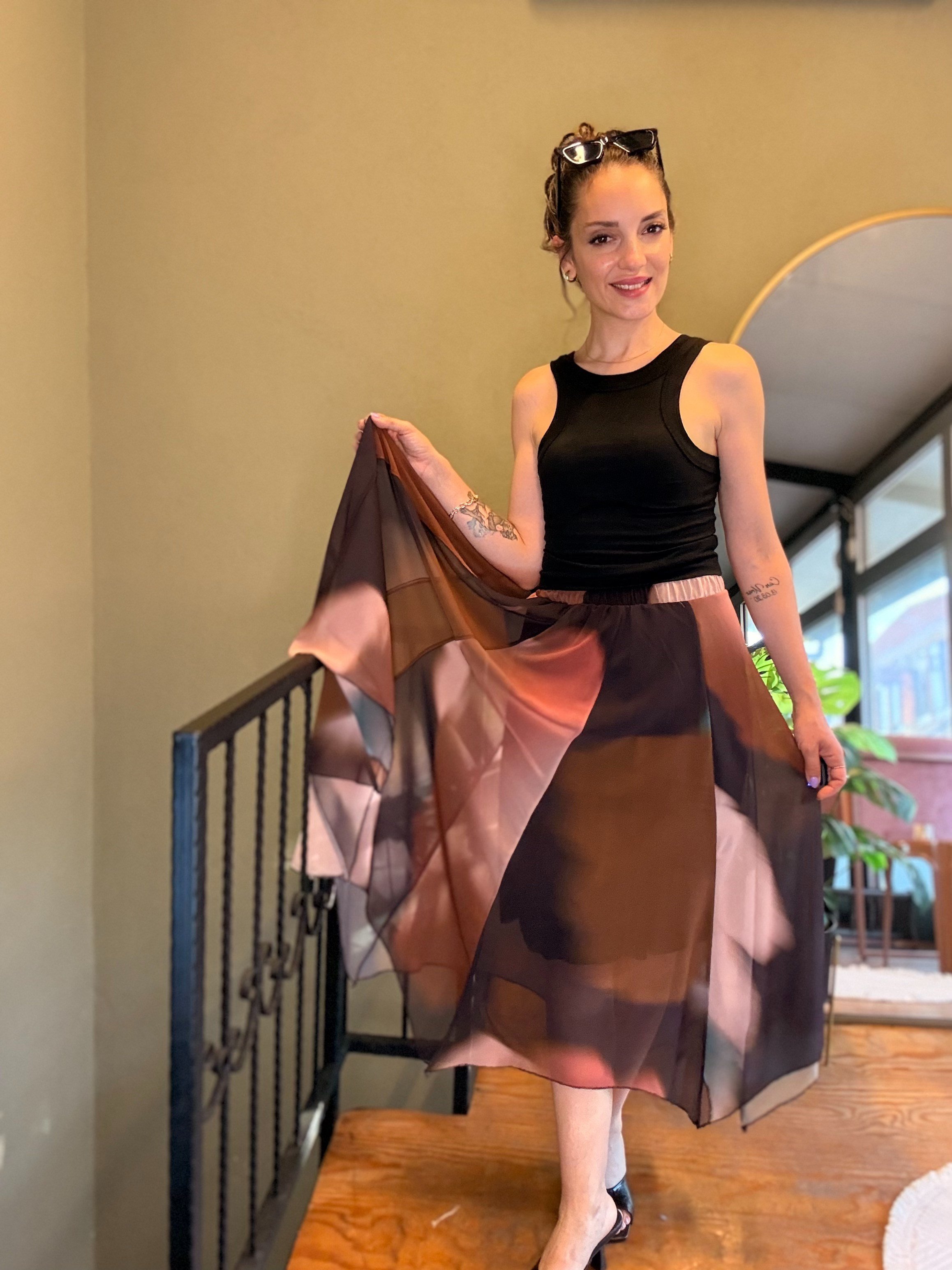 Kahve Batik Desen Asimetrik Şifon Etek