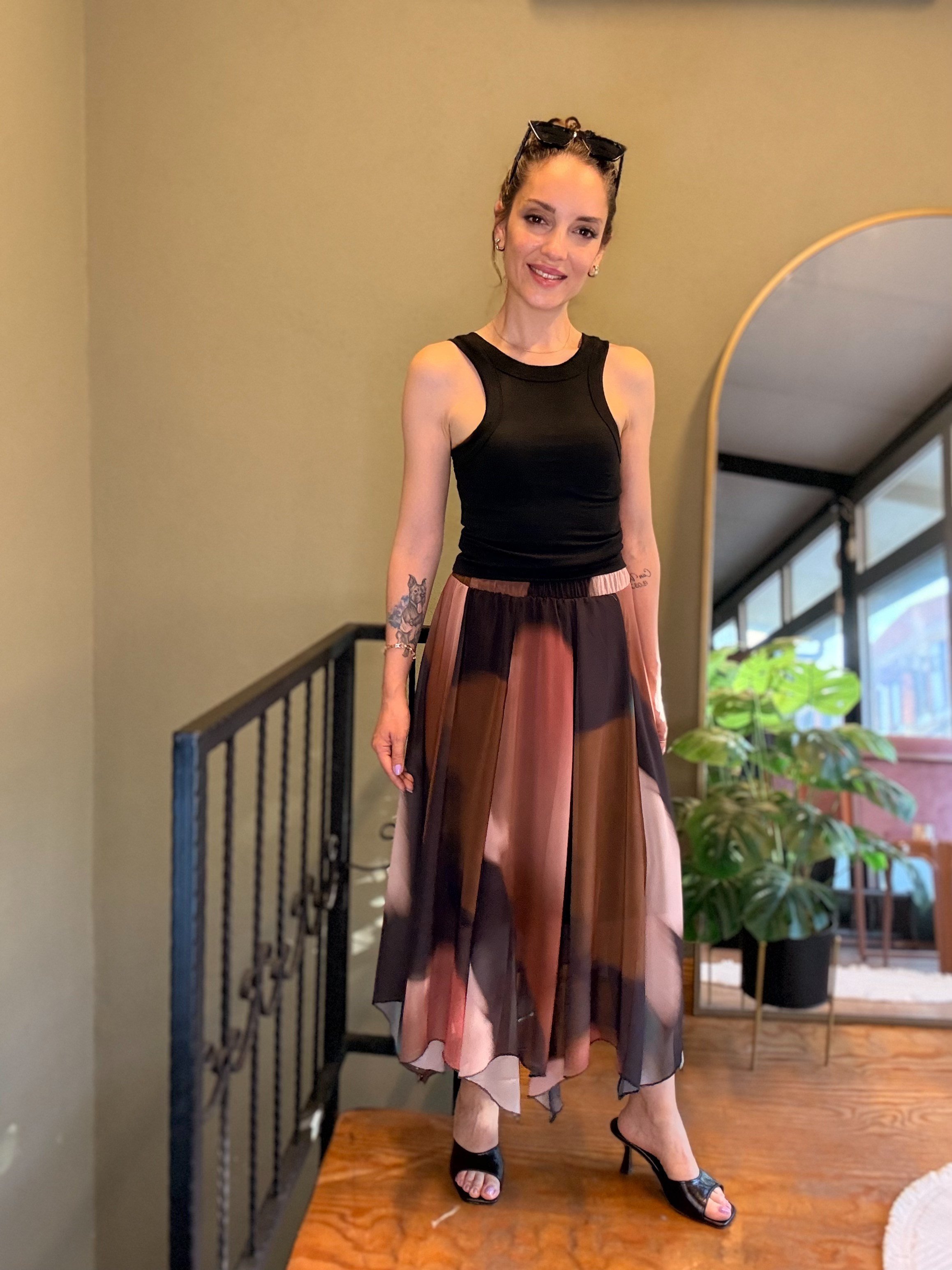 Kahve Batik Desen Asimetrik Şifon Etek