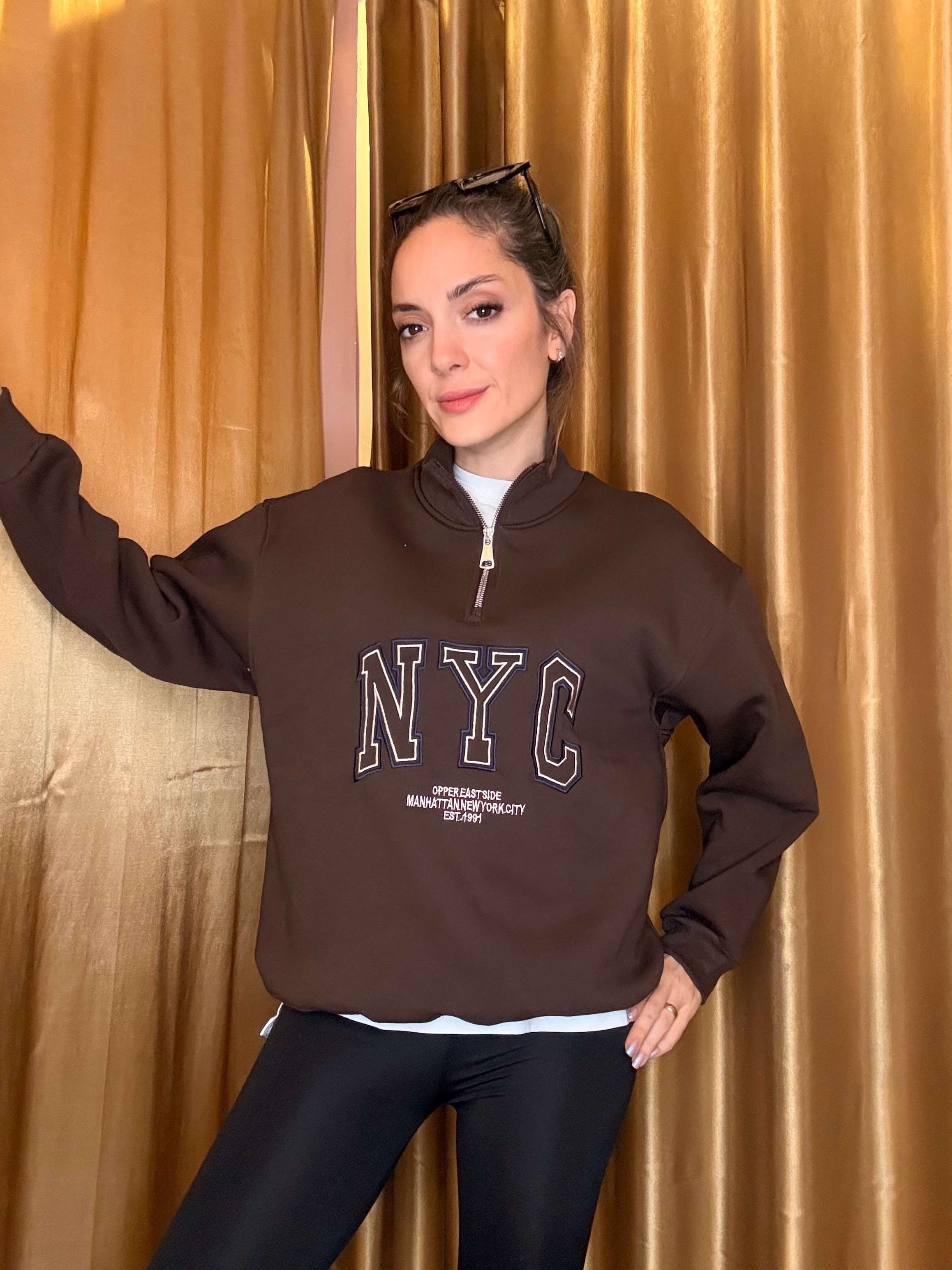 Kahve NYC Nakışlı Şardonlu Sweatshirt