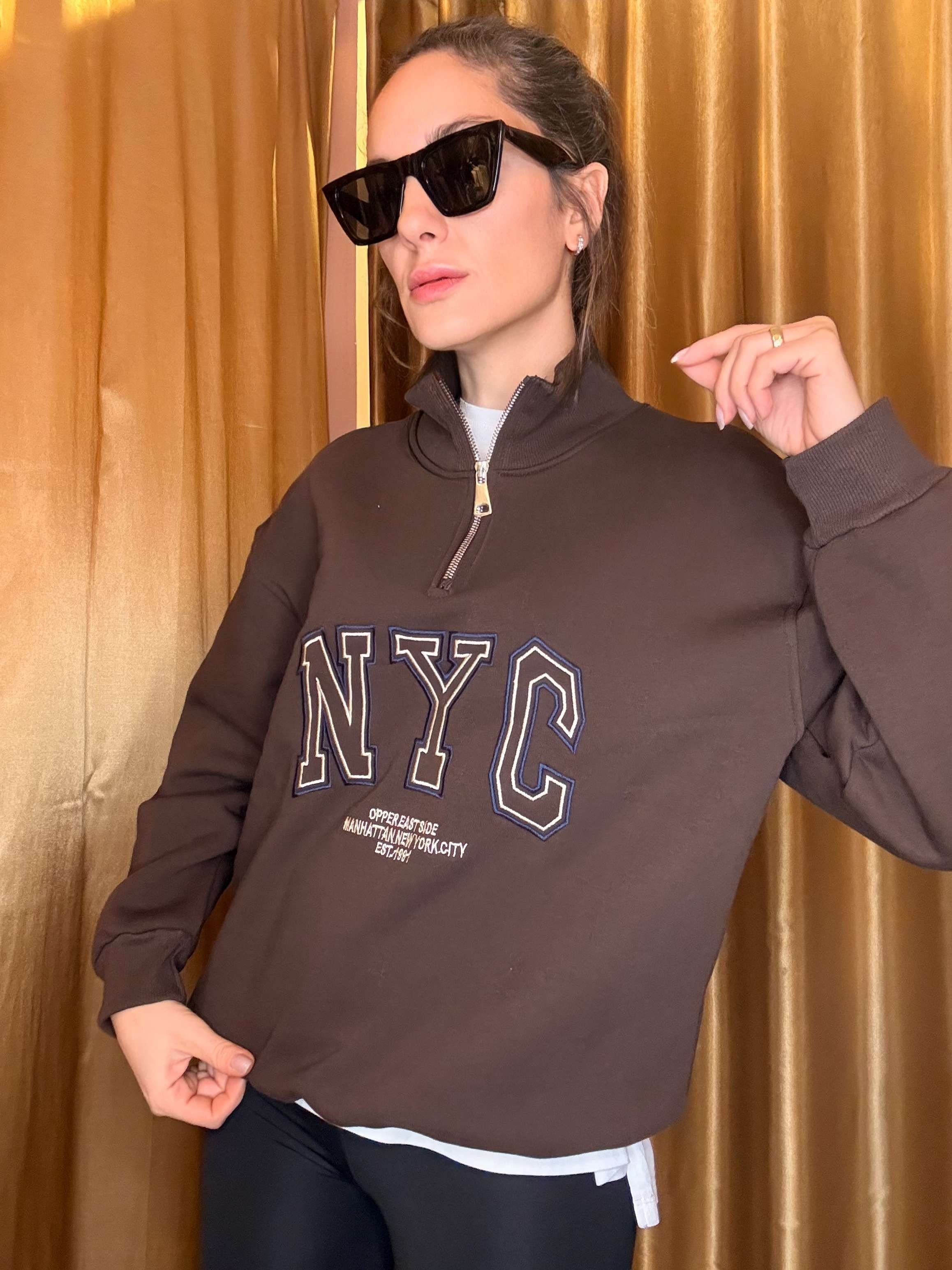 Kahve NYC Nakışlı Şardonlu Sweatshirt