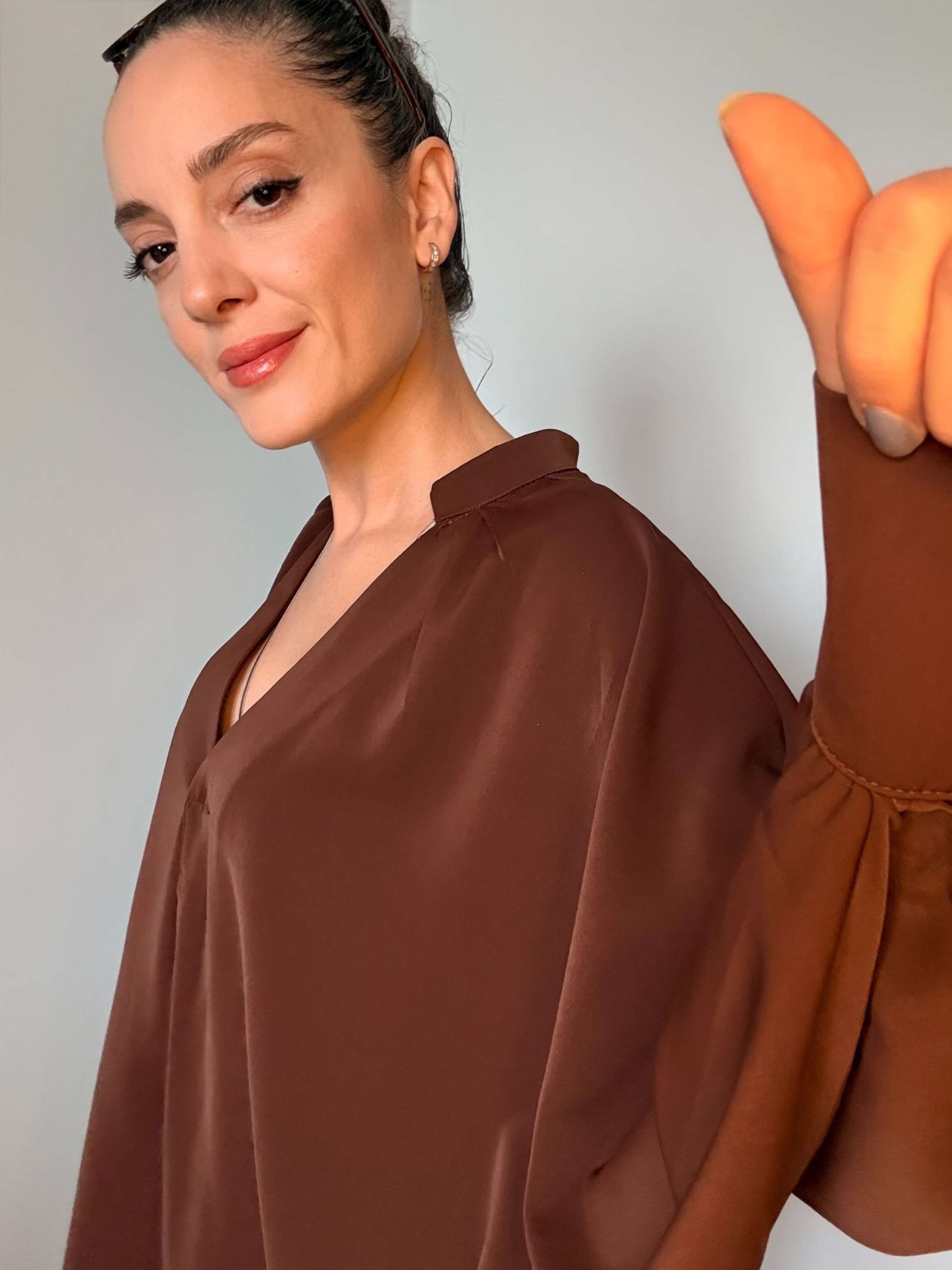 Kahve Yarasa Kol V Yaka Tasarım Gömlek