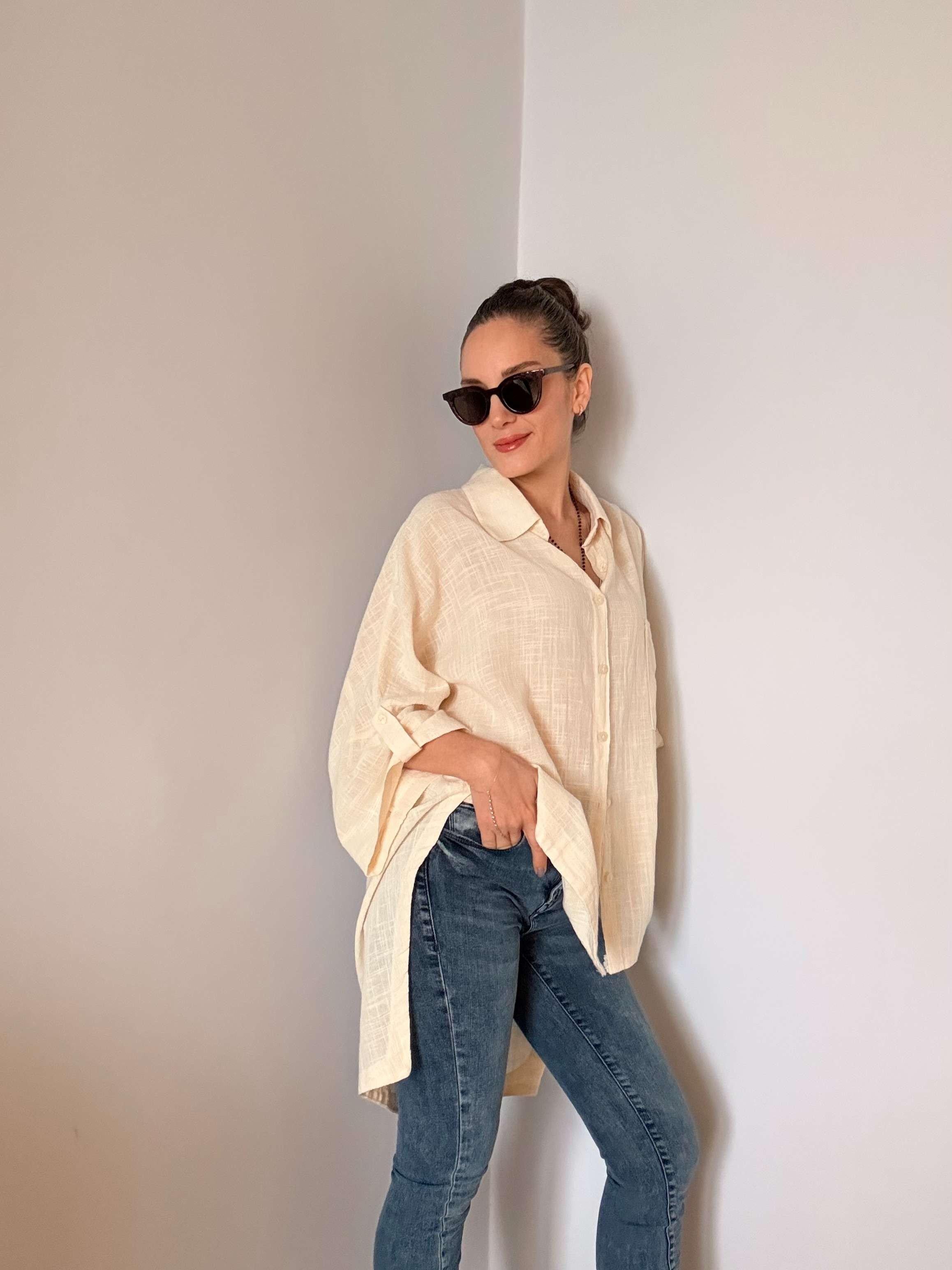 Krem Fakir Kol Oversize Keten Gömlek