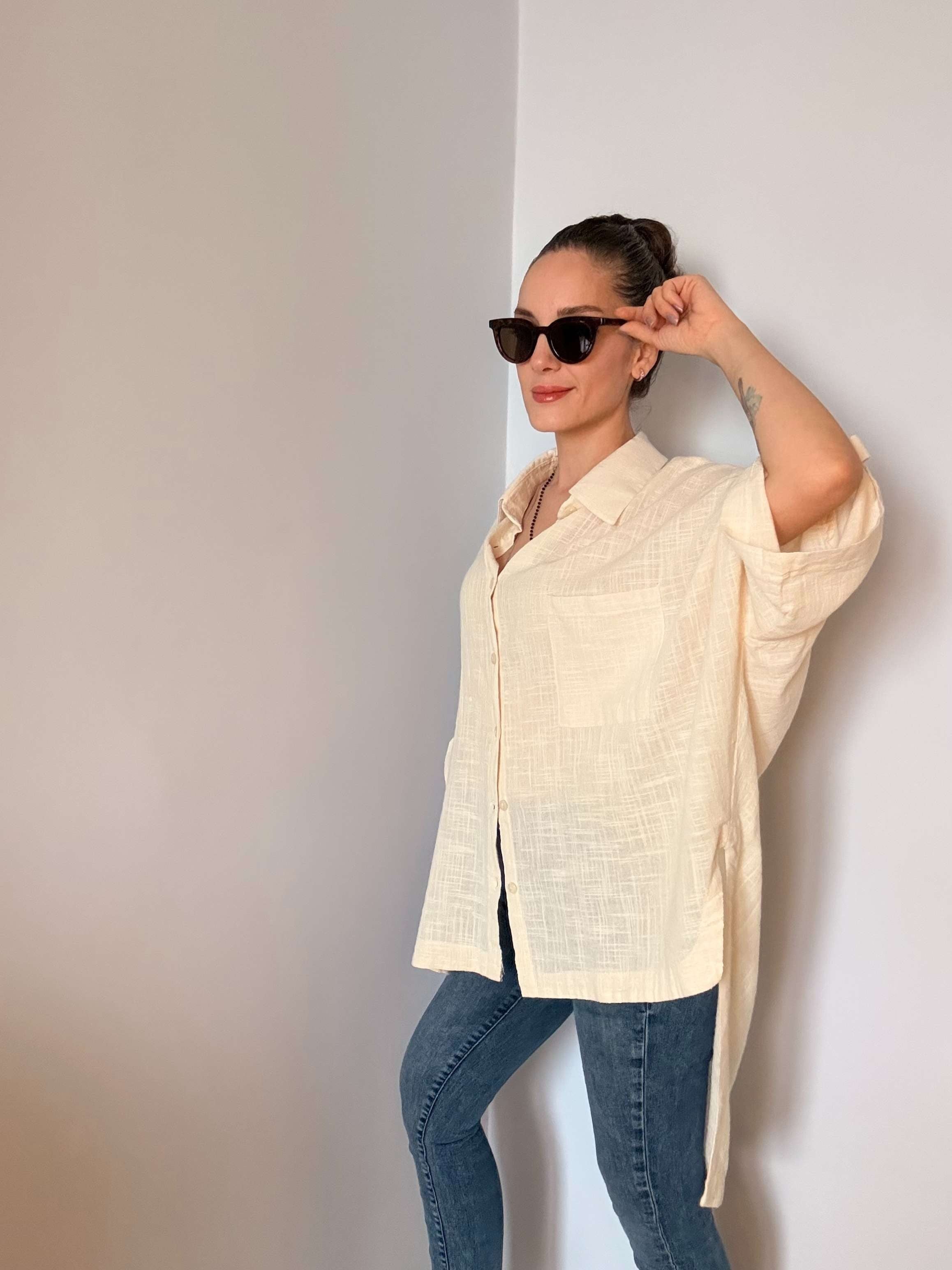 Krem Fakir Kol Oversize Keten Gömlek