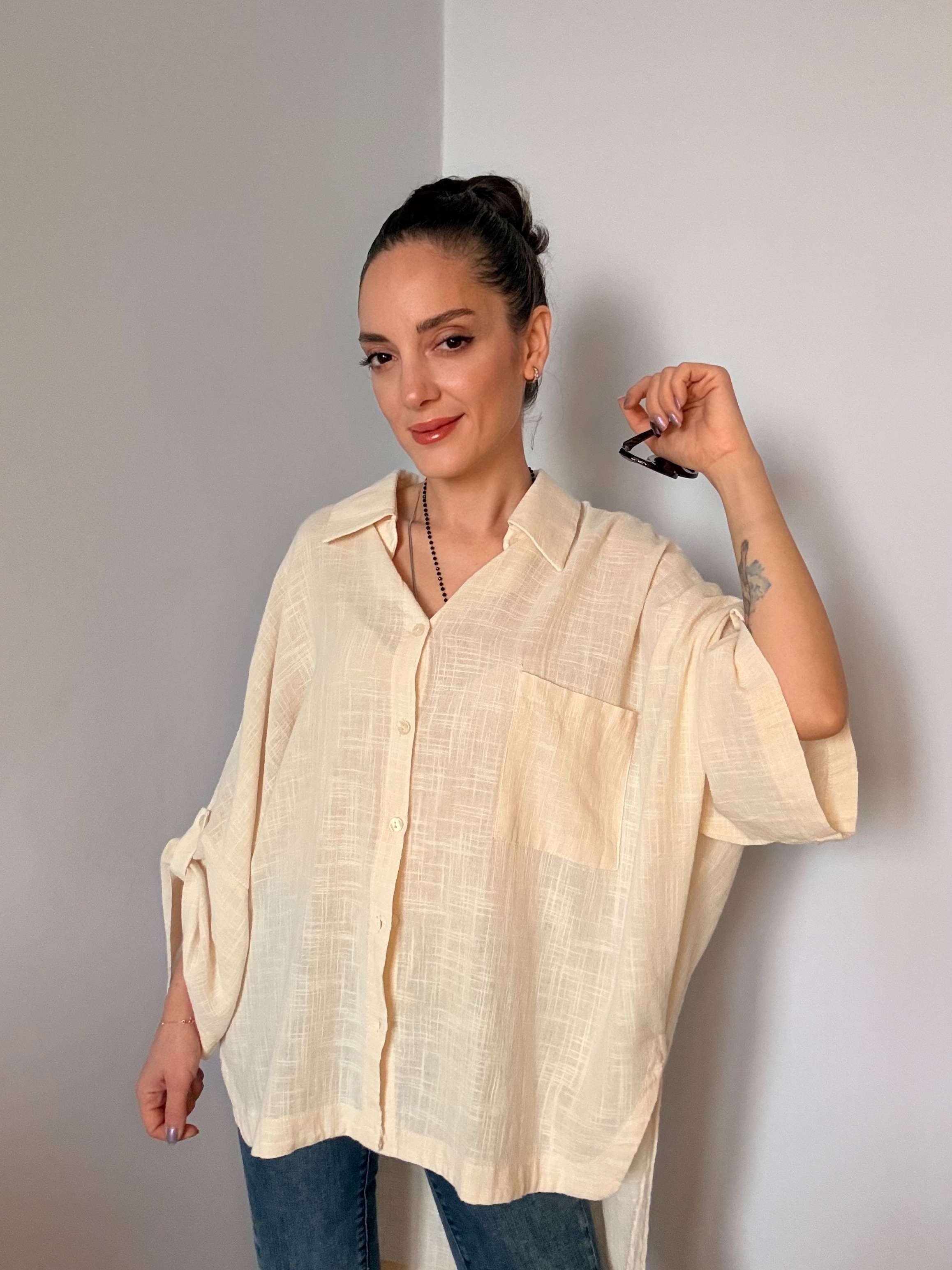 Krem Fakir Kol Oversize Keten Gömlek
