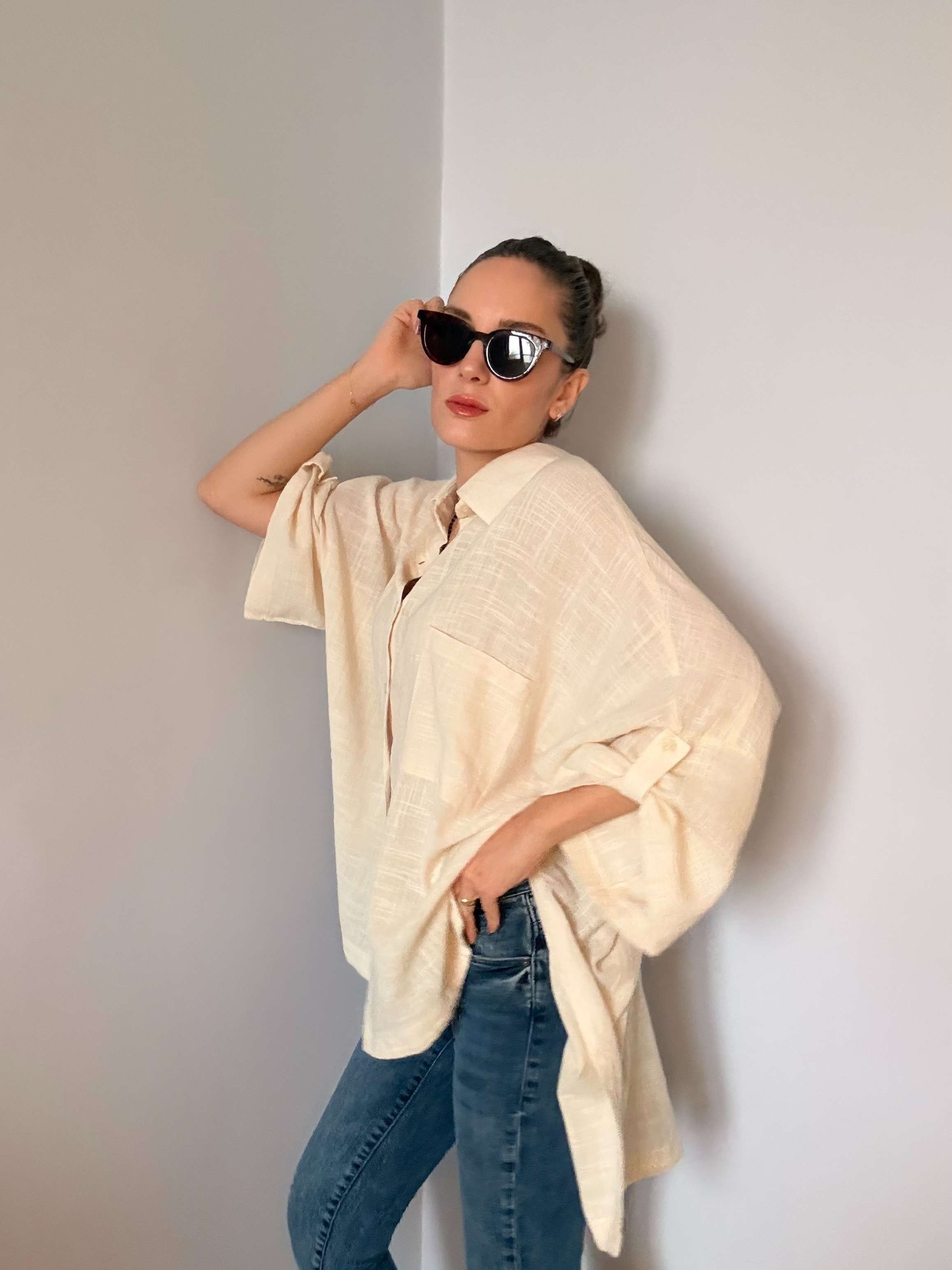 Krem Fakir Kol Oversize Keten Gömlek