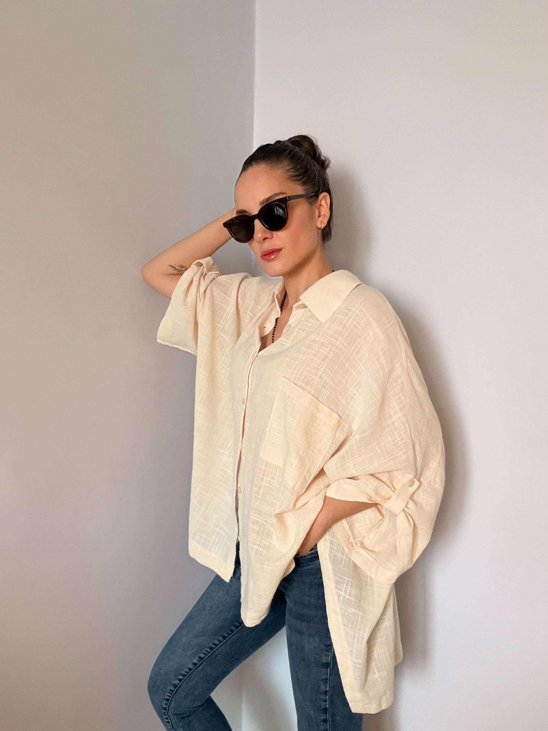 Krem Fakir Kol Oversize Keten Gömlek