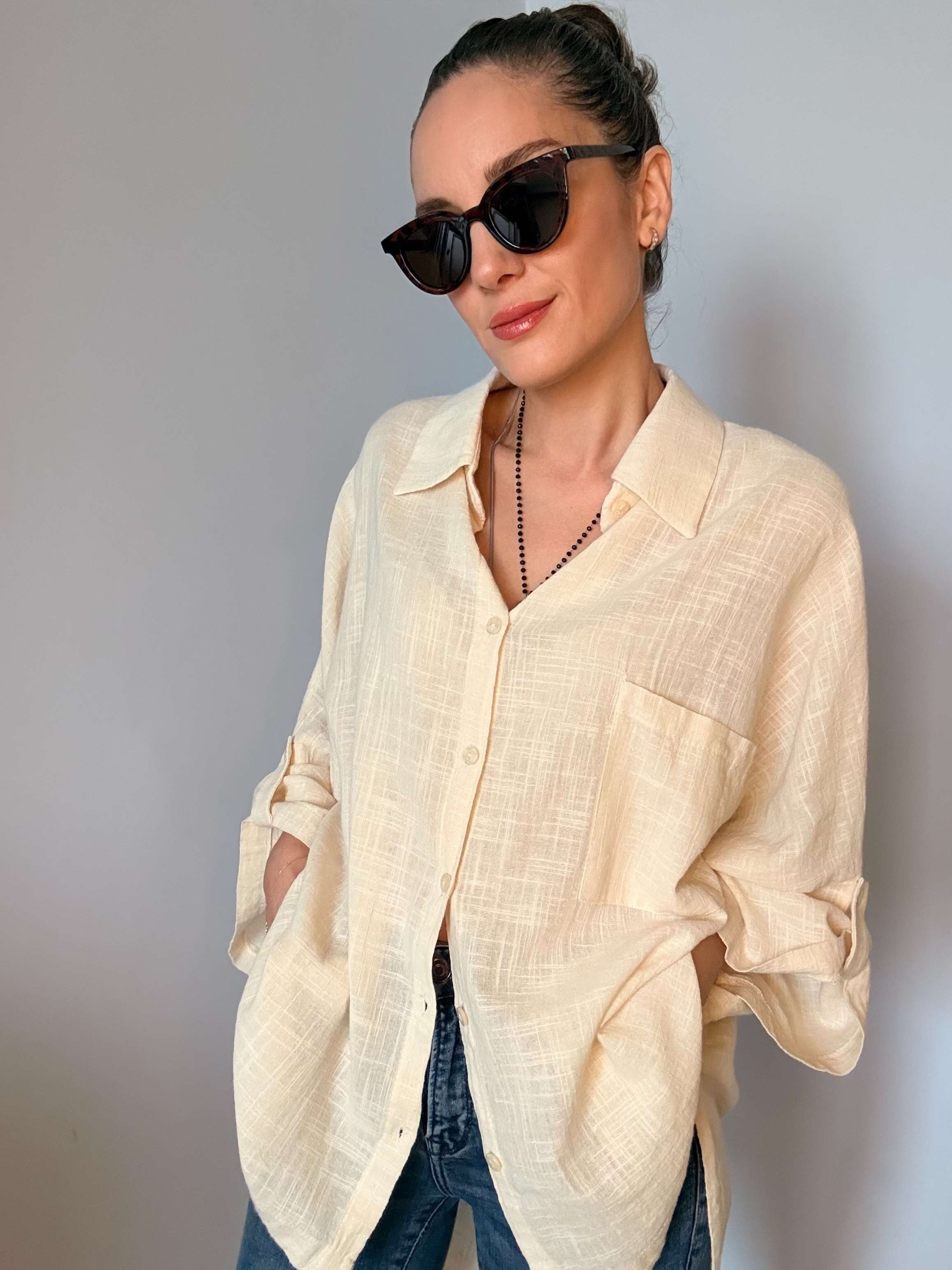 Krem Fakir Kol Oversize Keten Gömlek