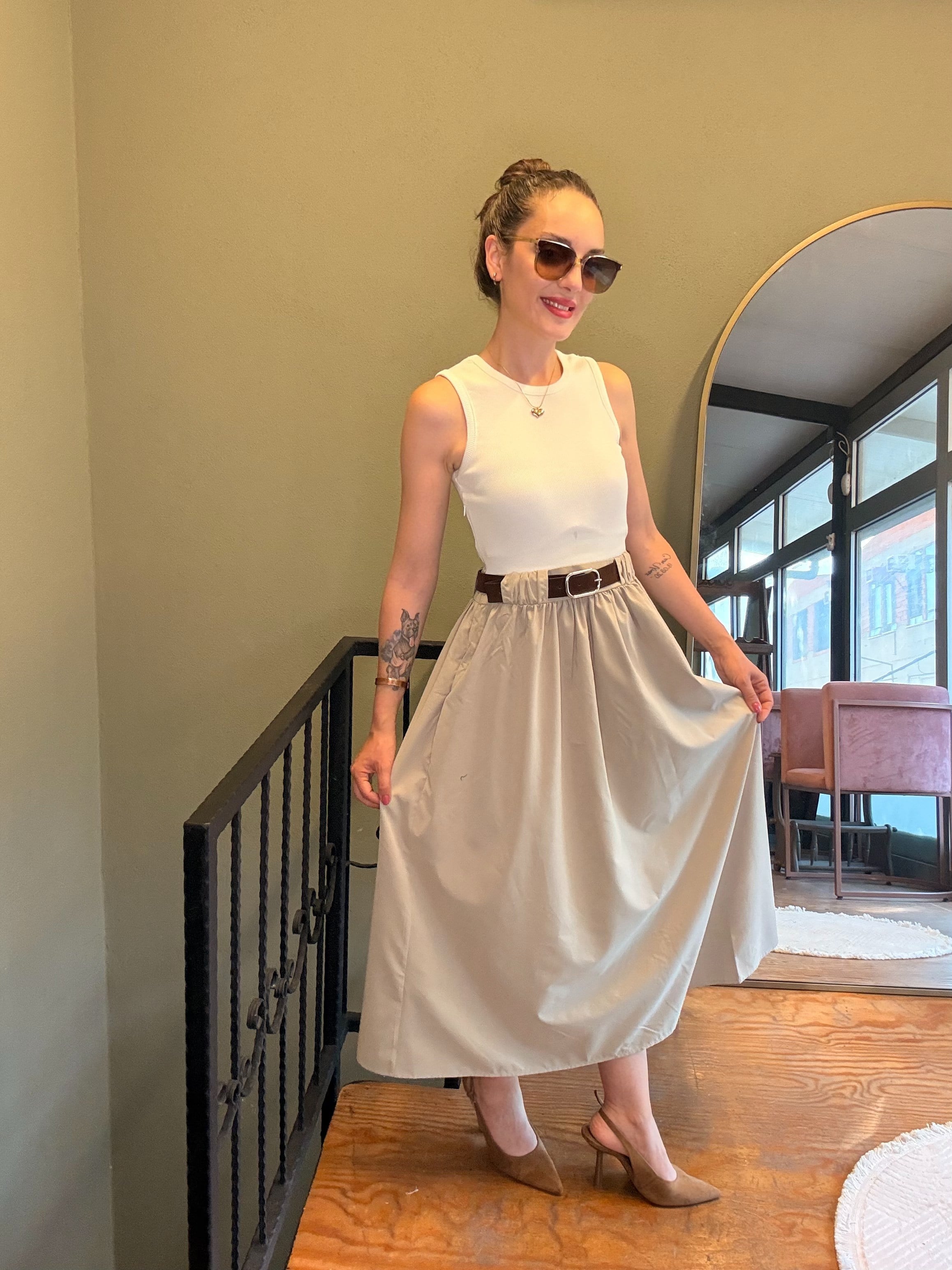 Krem Kaşkorse & Soft Touch Kemerli Elbise