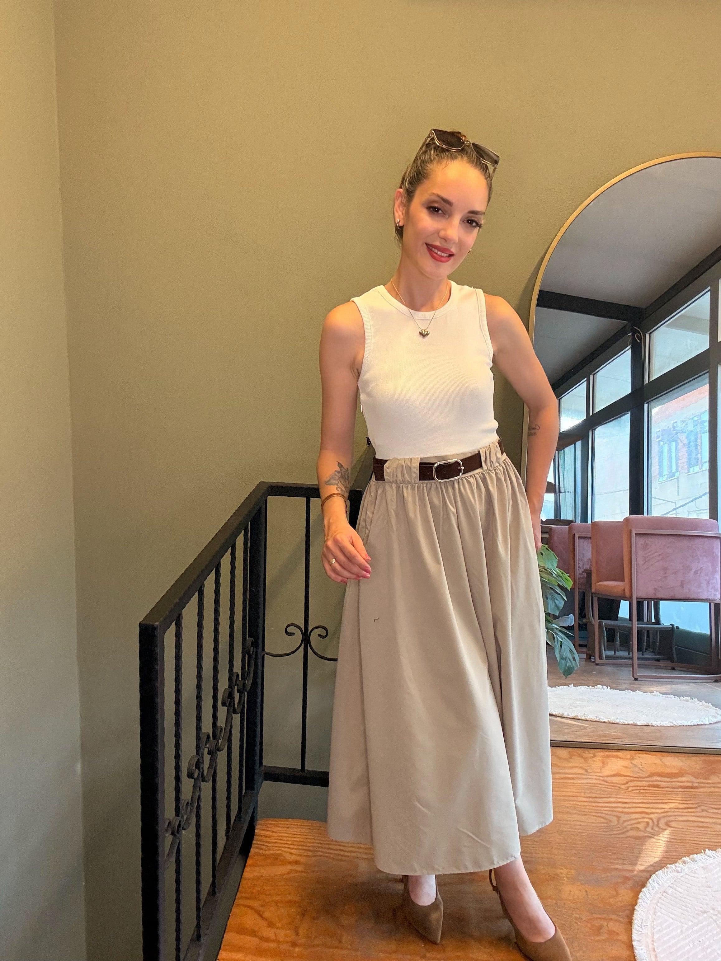 Krem Kaşkorse & Soft Touch Kemerli Elbise