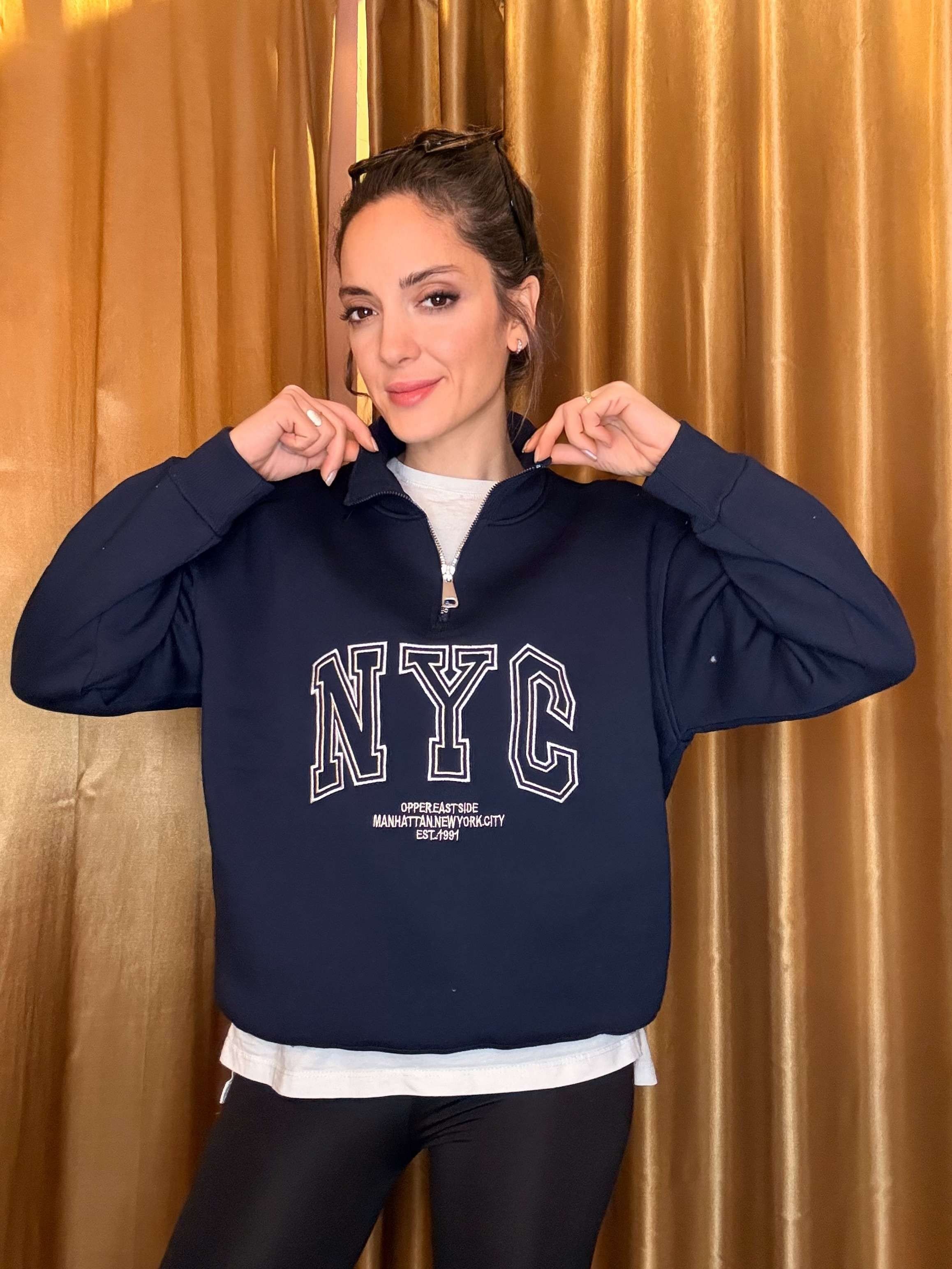Lacivert NYC Nakışlı Şardonlu Sweatshirt