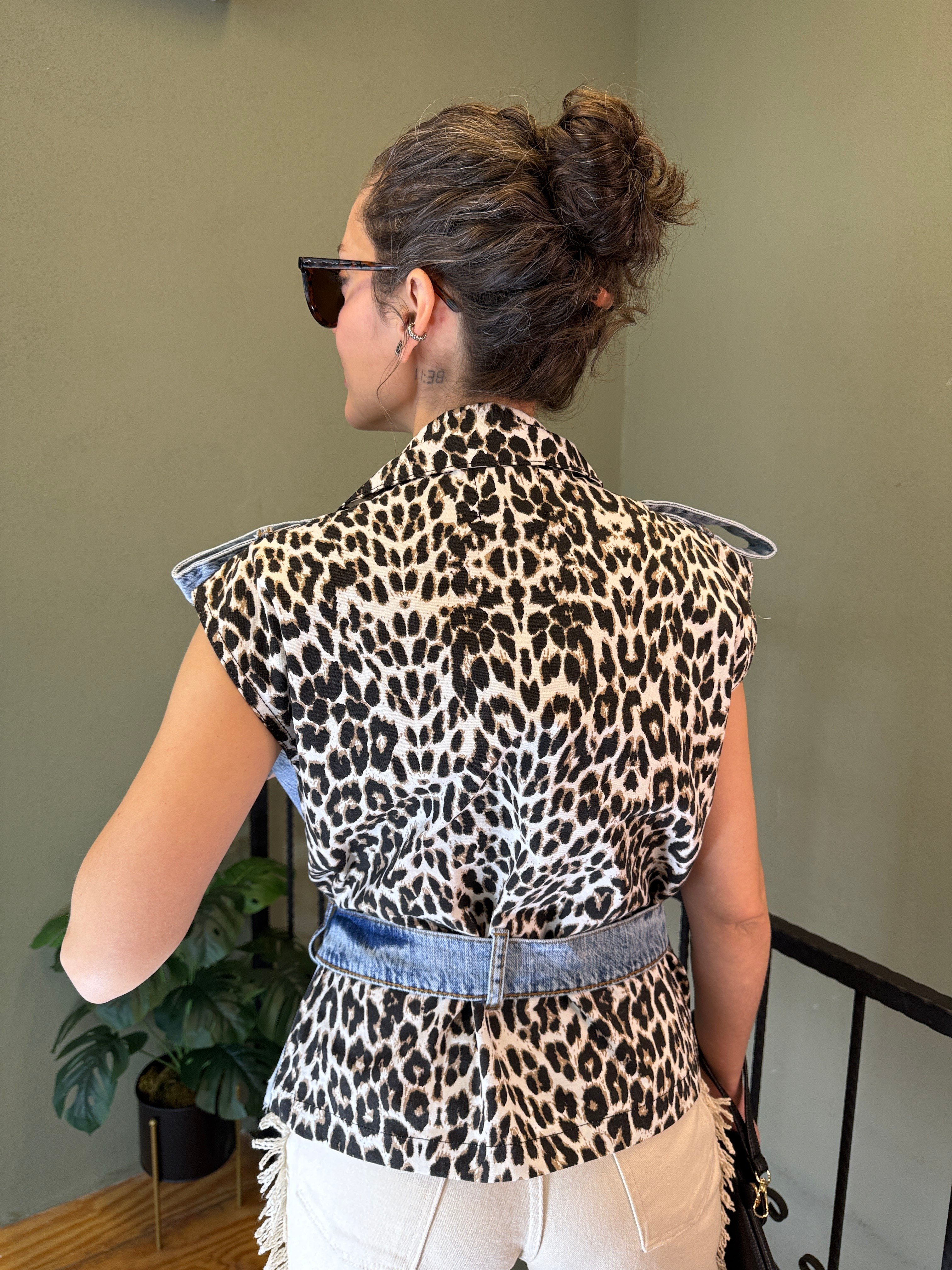 Leopar Detaylı Denim Yelek