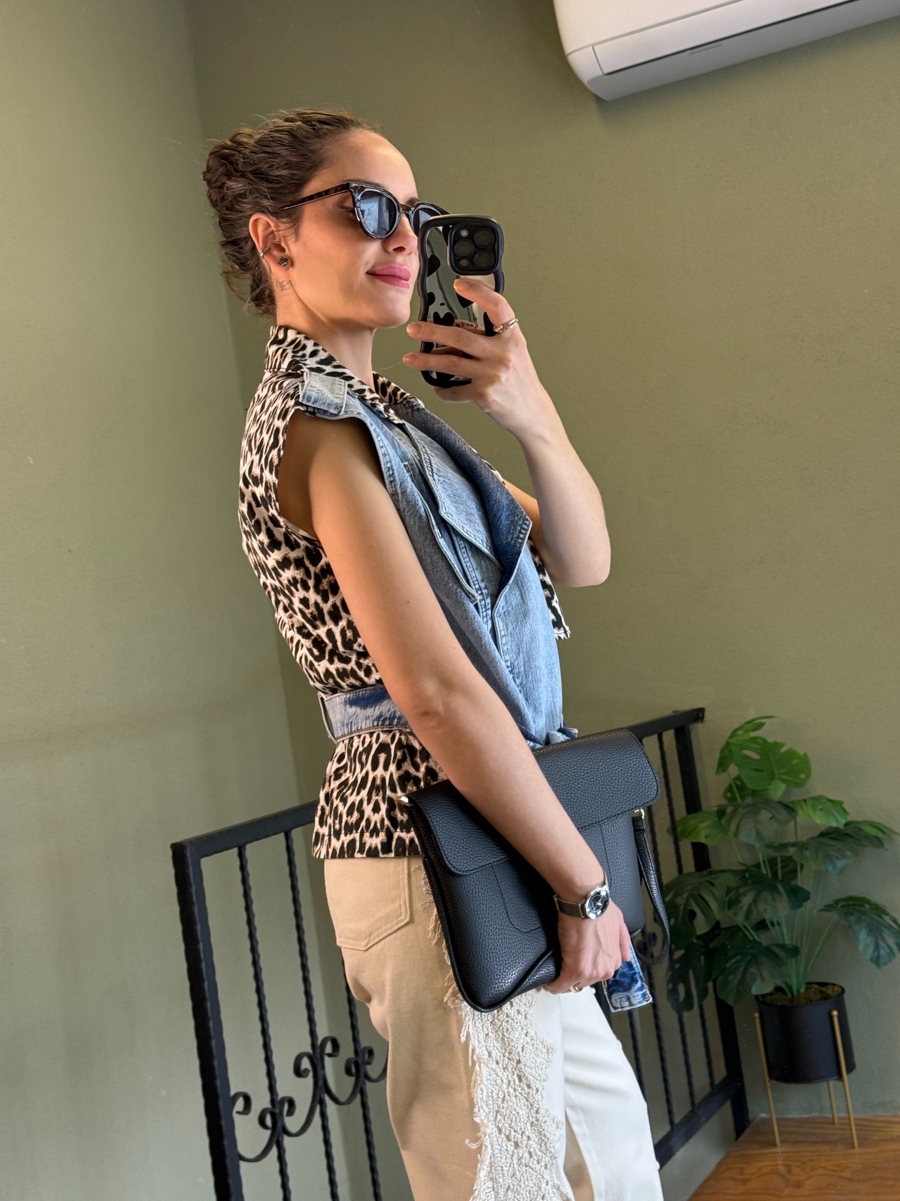 Leopar Detaylı Denim Yelek