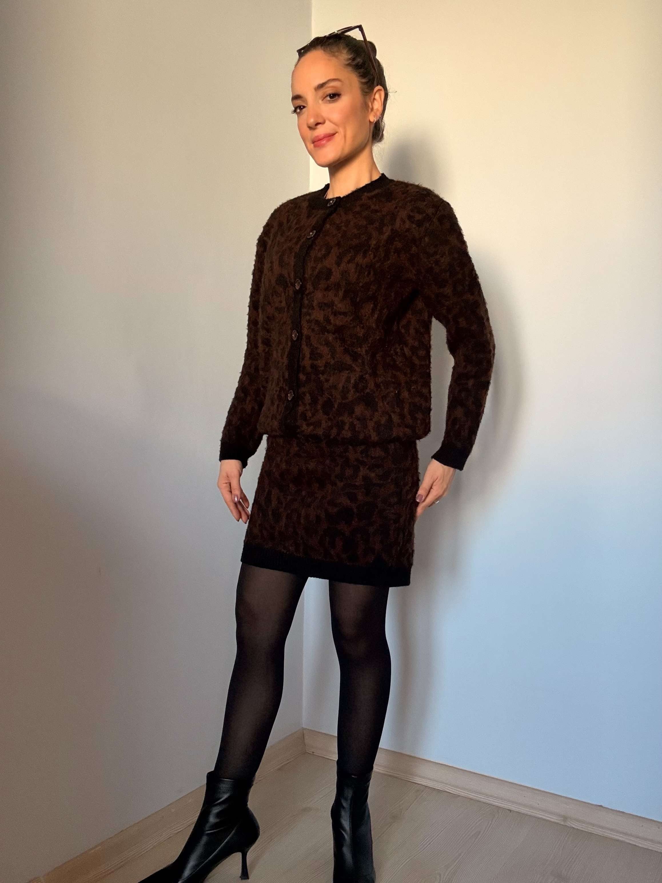 Leopar Yün Hırka Etek Triko Takım