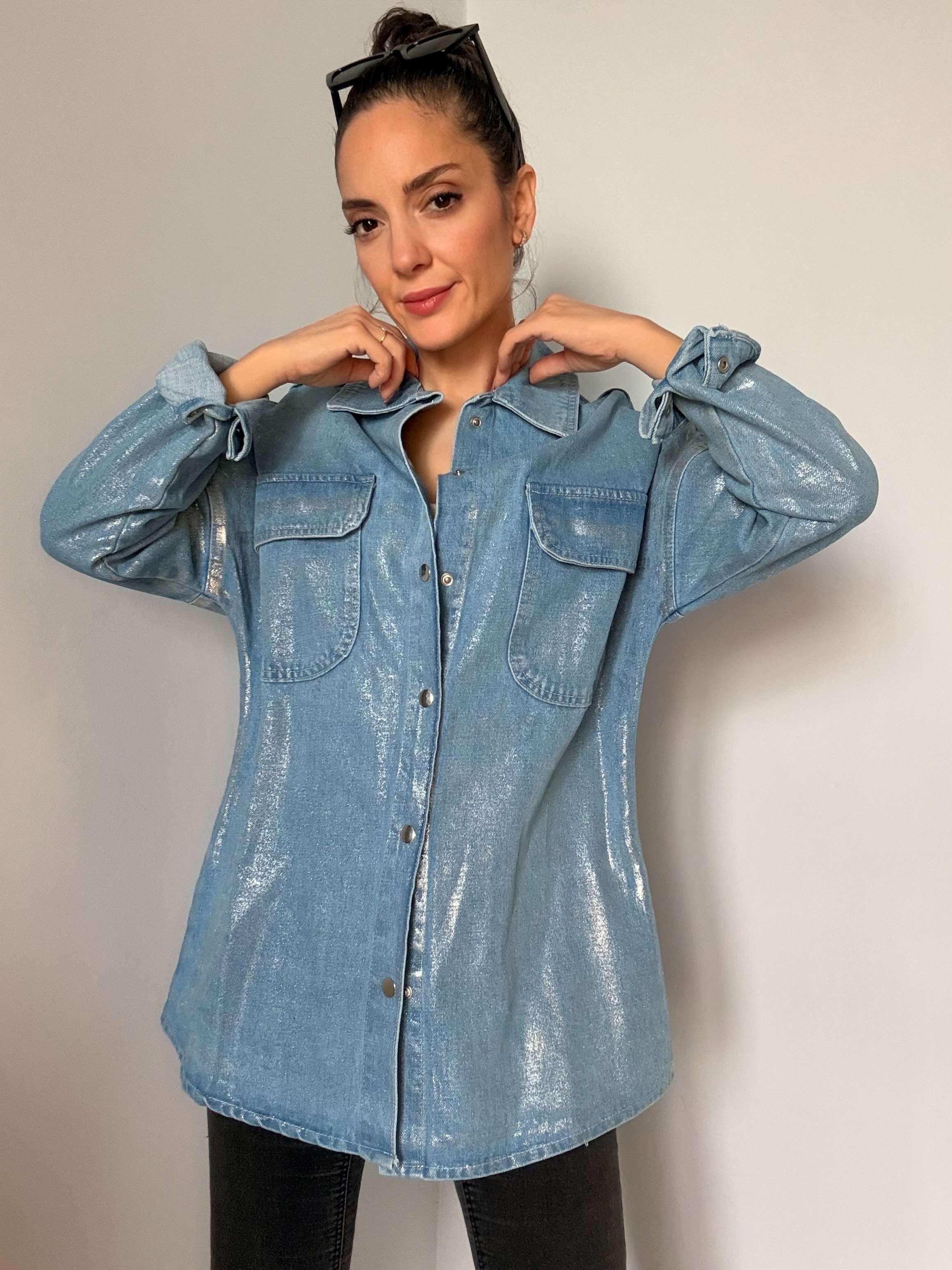 Mavi Renk Gümüş Varaklı Denim Oversize Gömlek
