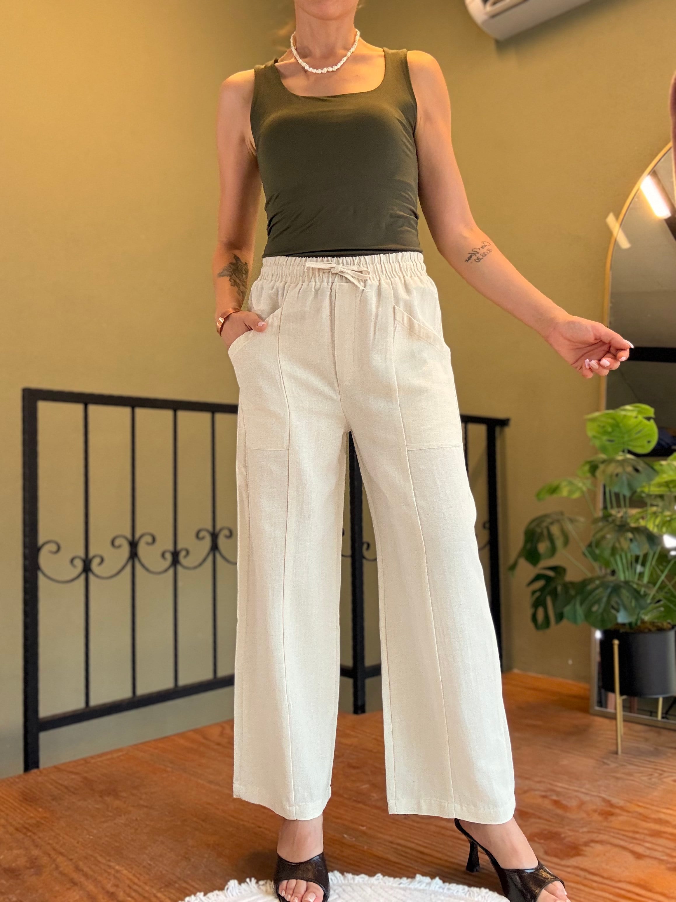 Naturel Önü Çımalı Rahat Kalıp Keten Pantolon