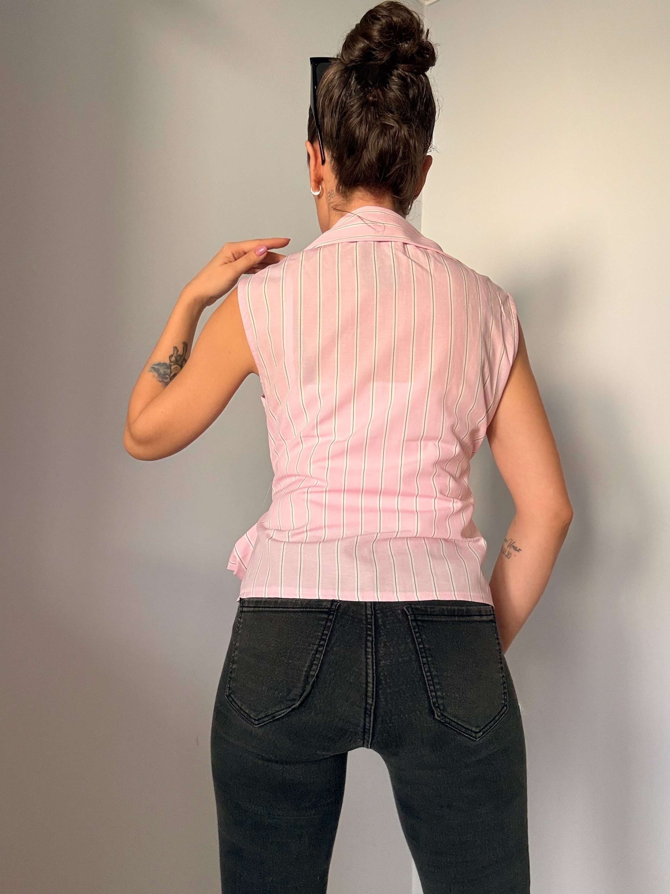 Pembe Çizgili Sıfır Kol Poplin Gömlek