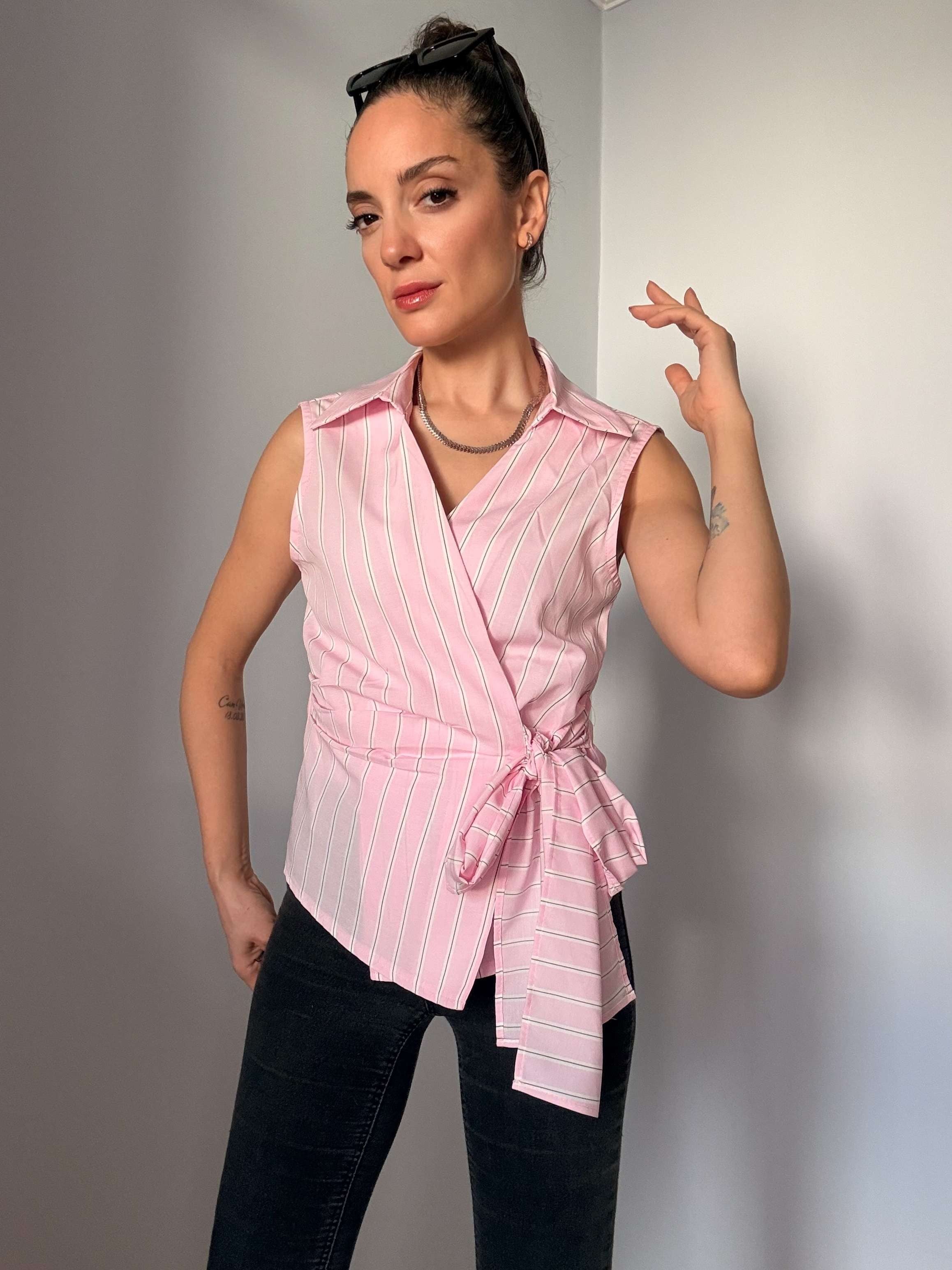 Pembe Çizgili Sıfır Kol Poplin Gömlek